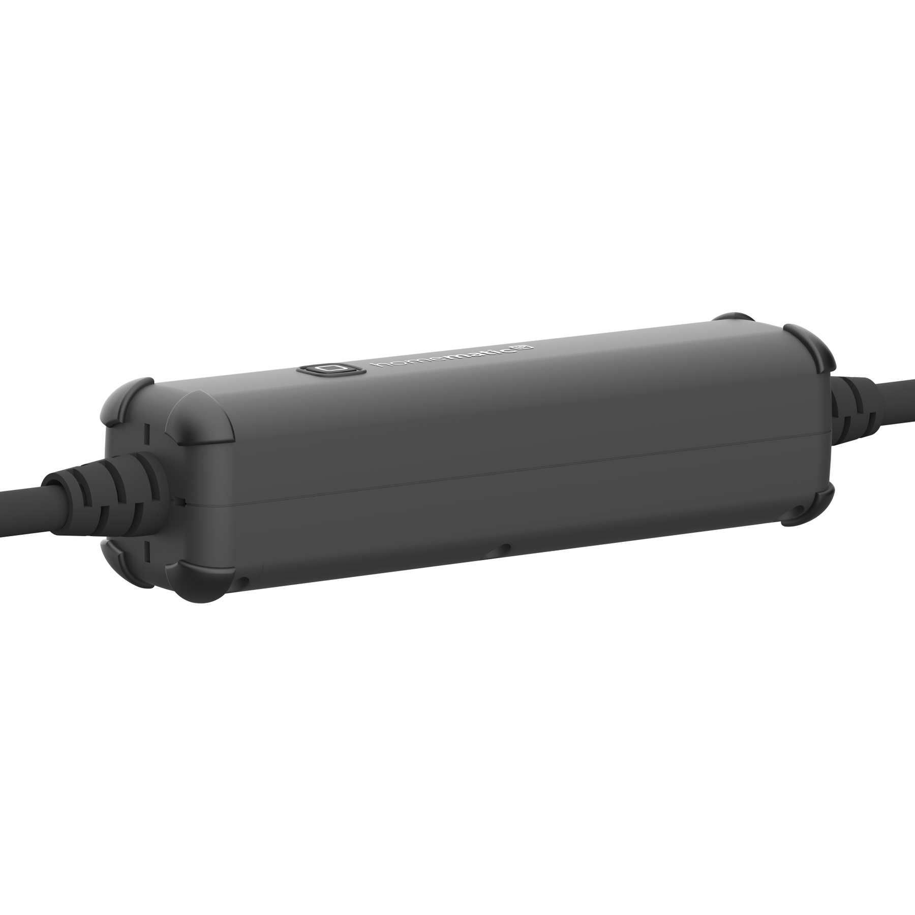 Un dispositivo negro y rectangular con un botón y conectores en ambos extremos.