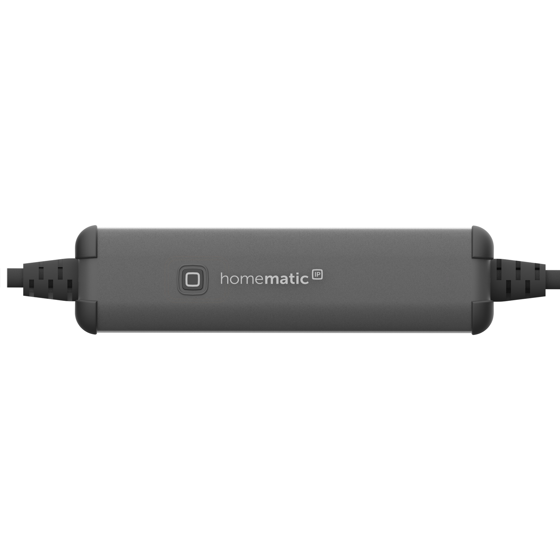 Un dispositivo Homematic IP gris con cables que se extienden desde ambos extremos, sobre un fondo blanco.
