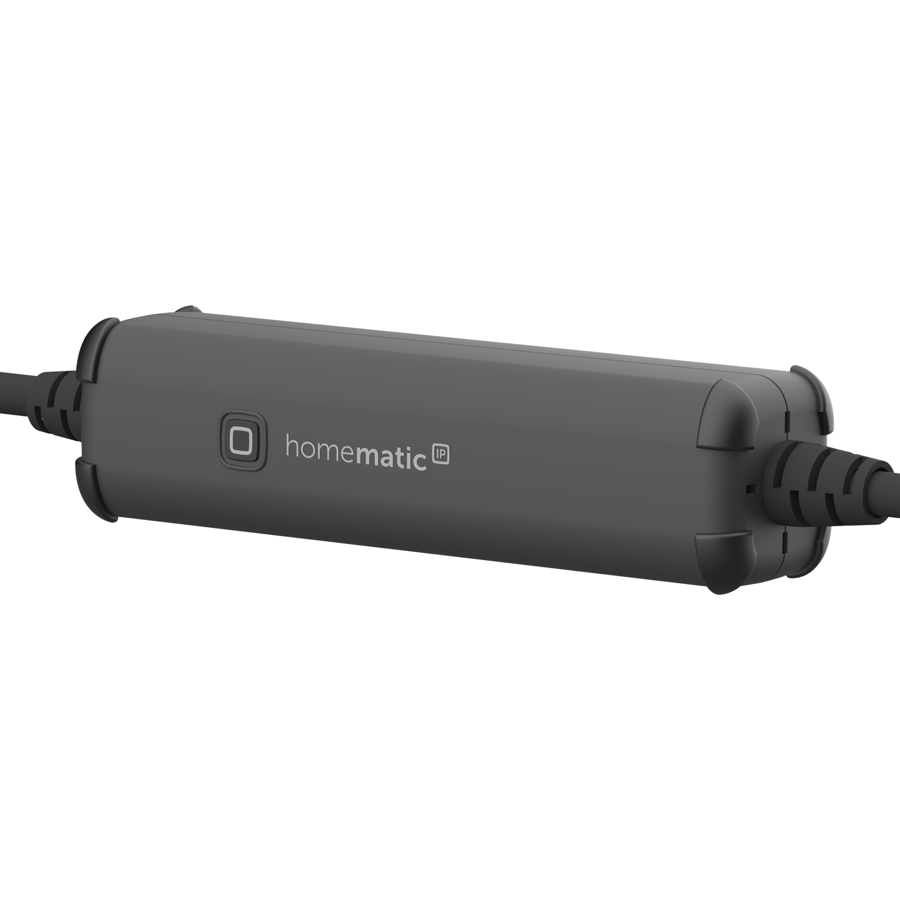 Un dispositivo gris Homematic IP con un botón y el nombre de la marca.