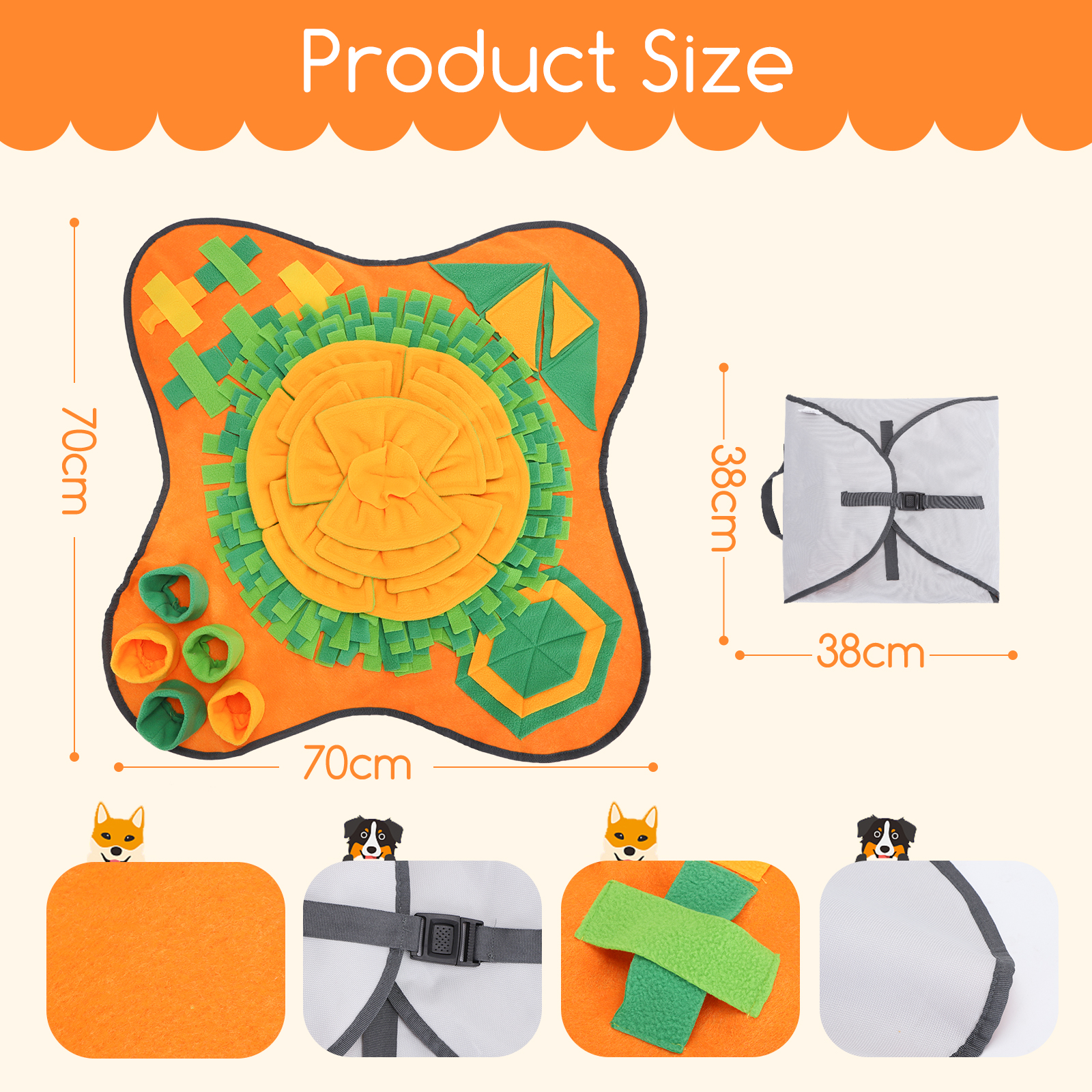 Juguete para perros naranja. Dimensiones y detalles mostrados.