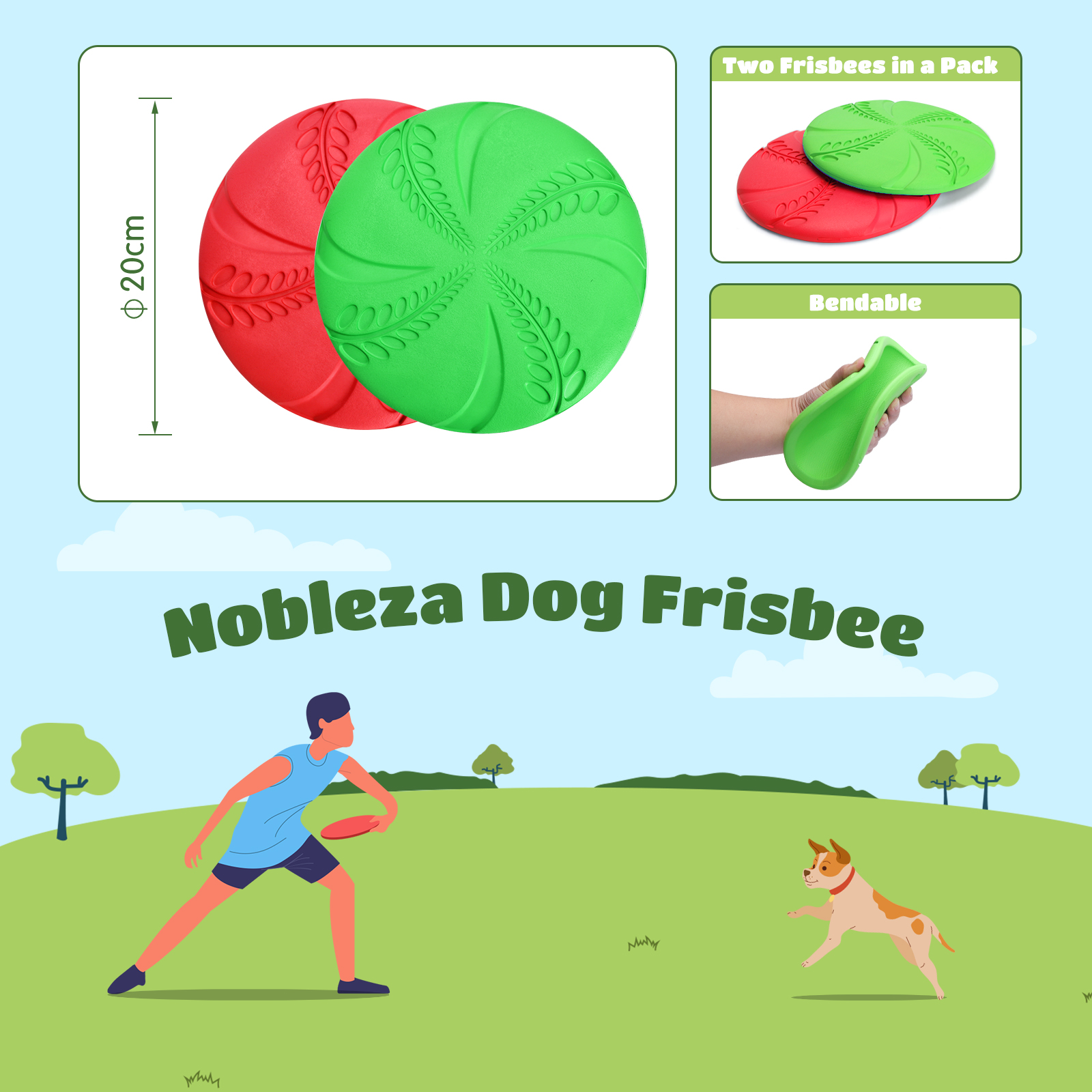 Una persona lanza un frisbee rojo y verde a un perro en un parque, con árboles y césped.