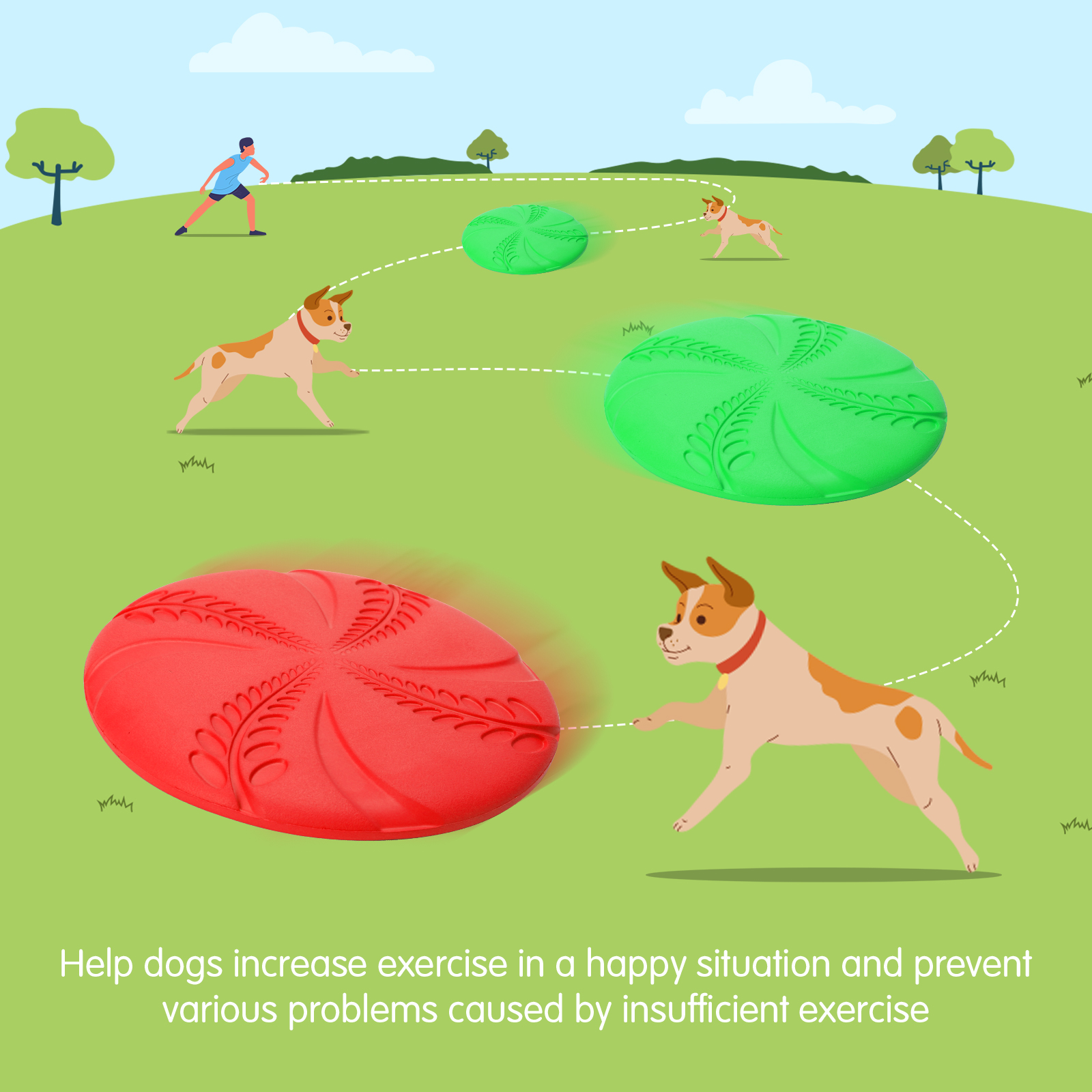 Perros jugando al frisbee en un parque. Uno persigue un frisbee rojo, otros esperan los verdes.