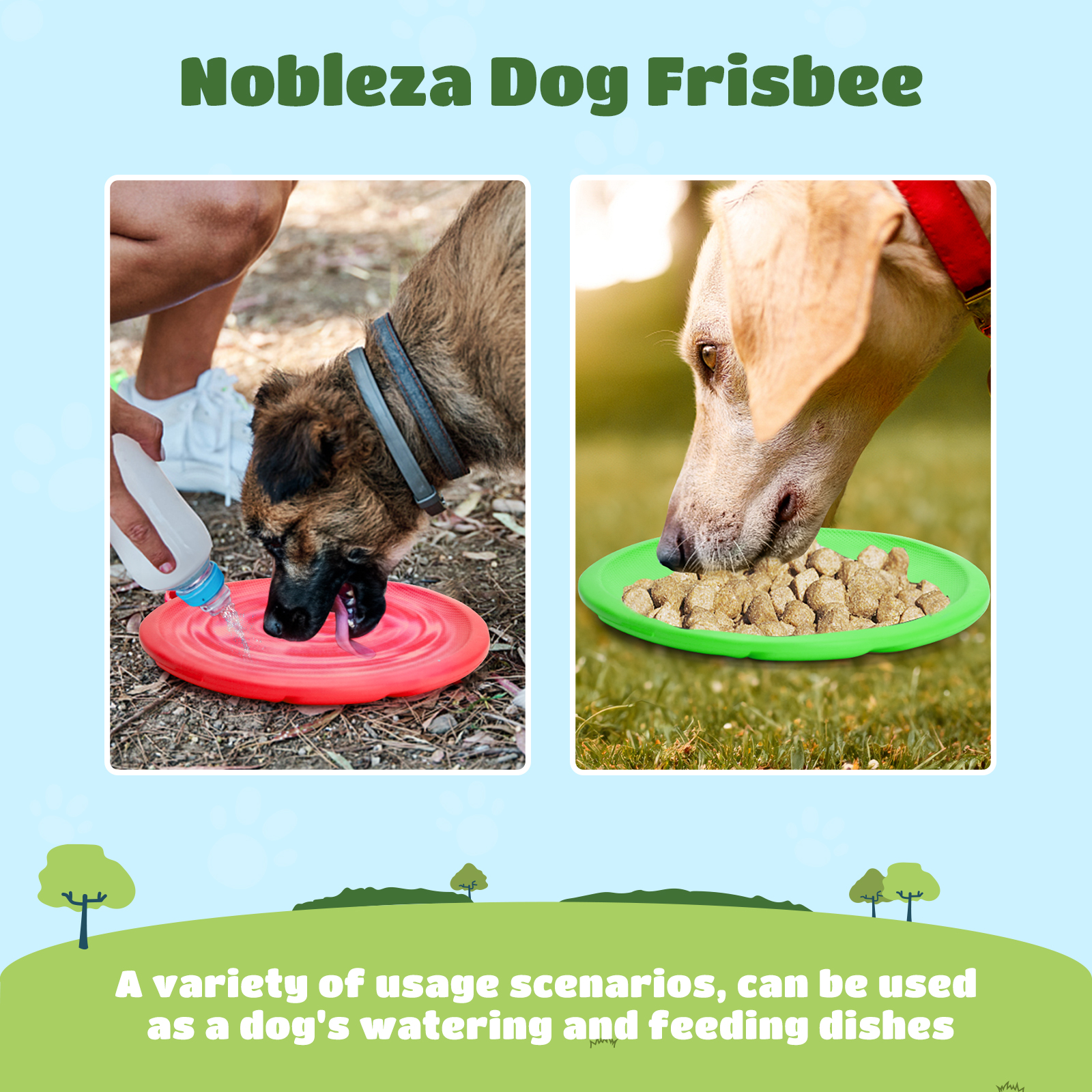 Frisbees para perros. Uno rojo en uso, el otro verde con comida para perros.