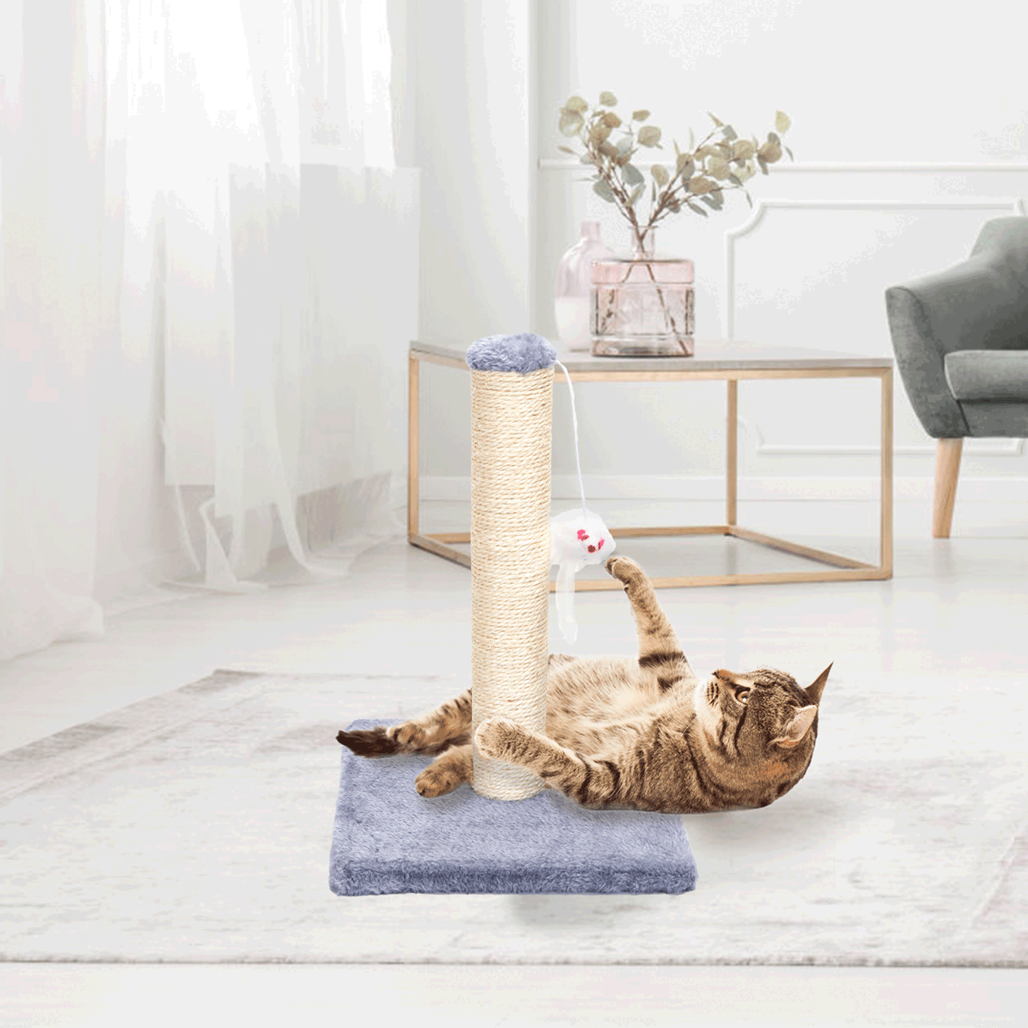Un gato atigrado juega con un juguete en un rascador. El gato es marrón y blanco. Hay una alfombra.