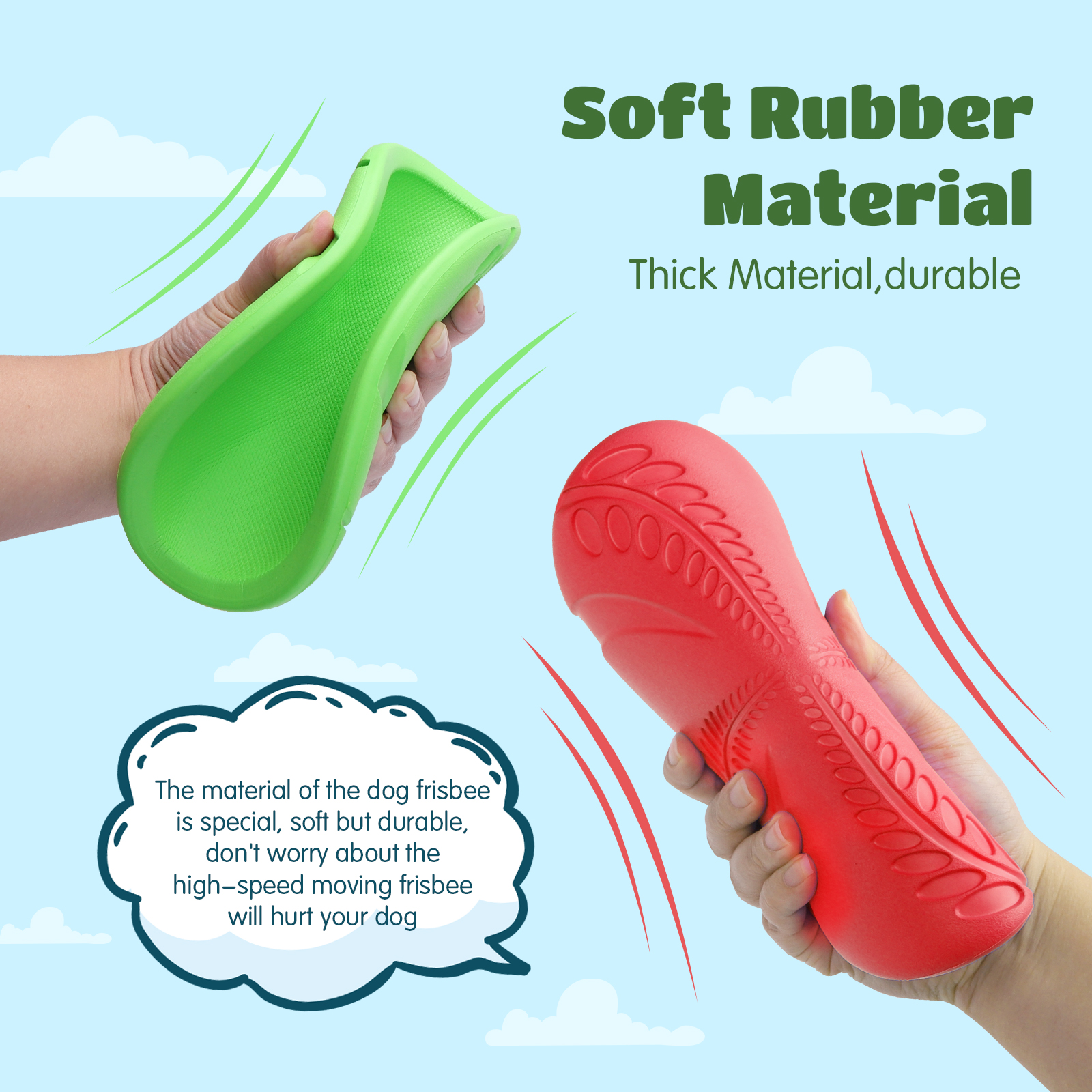 Manos sosteniendo frisbees verdes y rojos. Texto sobre los materiales.