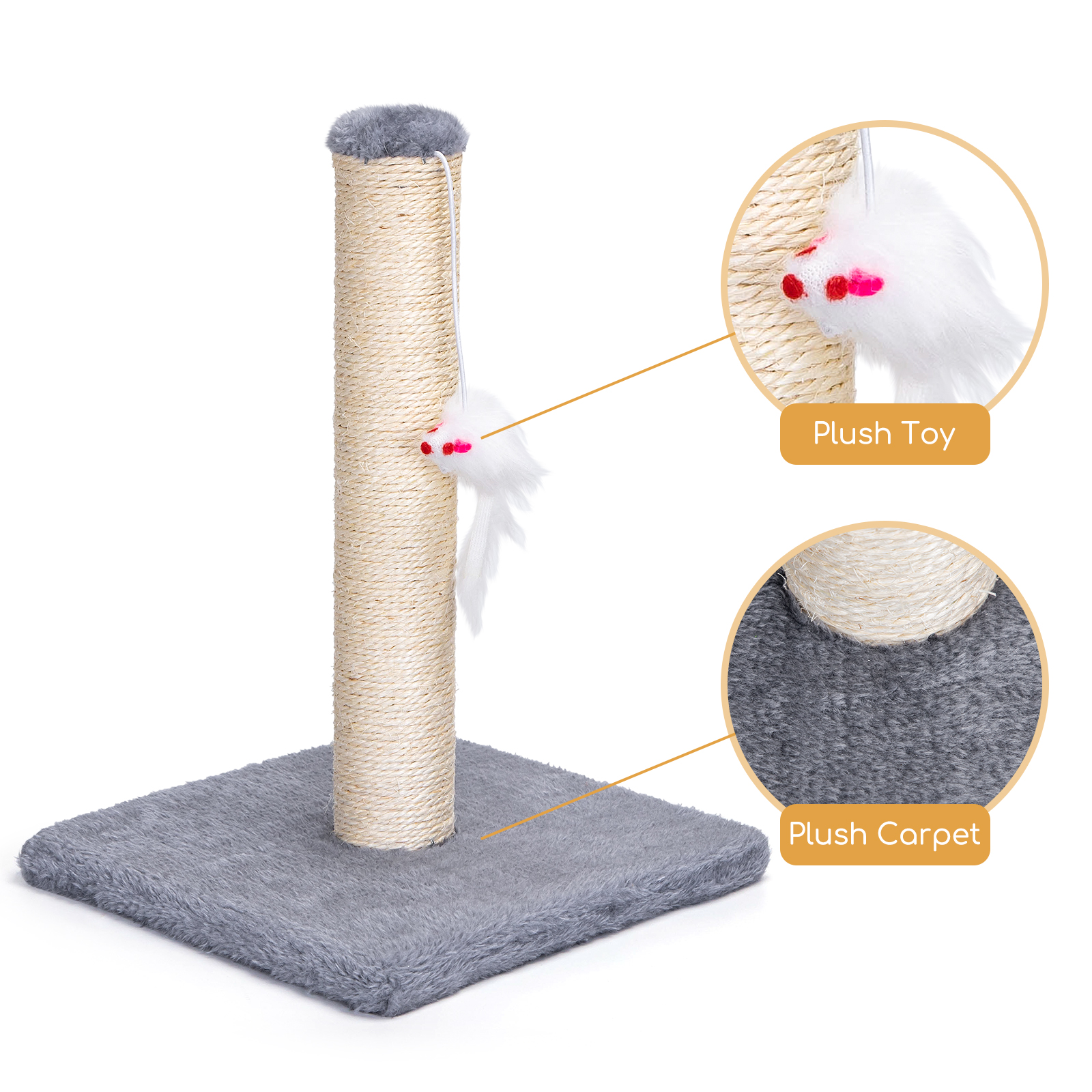 Rascador para gatos con base de alfombra de felpa, poste central y ratón de juguete.