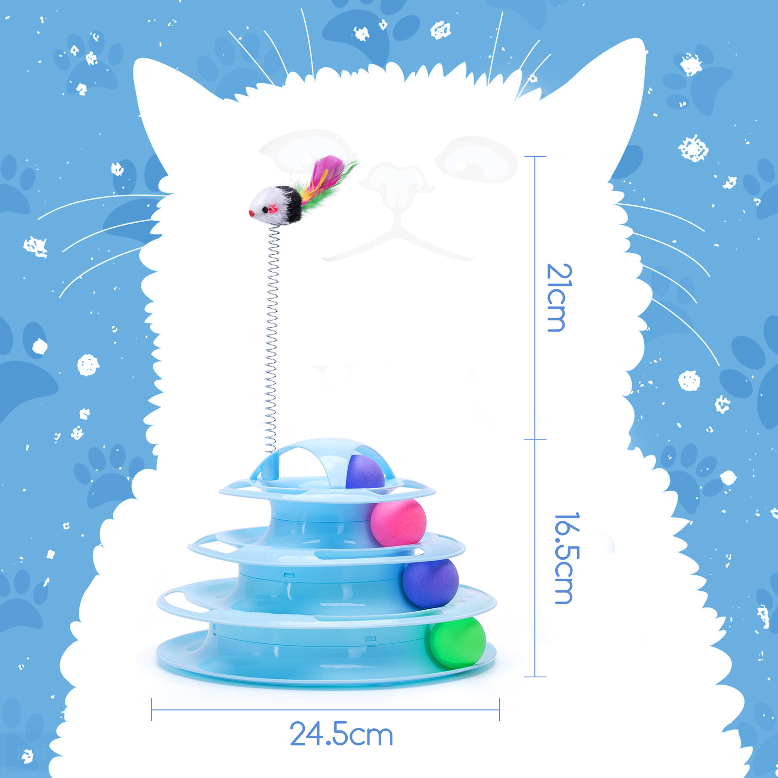 Juguete para gatos con tres niveles, bolas y un ratón de juguete.