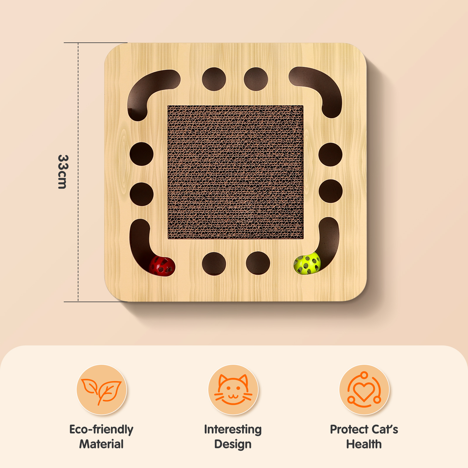 Un juguete para gatos con agujeros y dos bolas, con gráficos y texto sobre las características del producto.