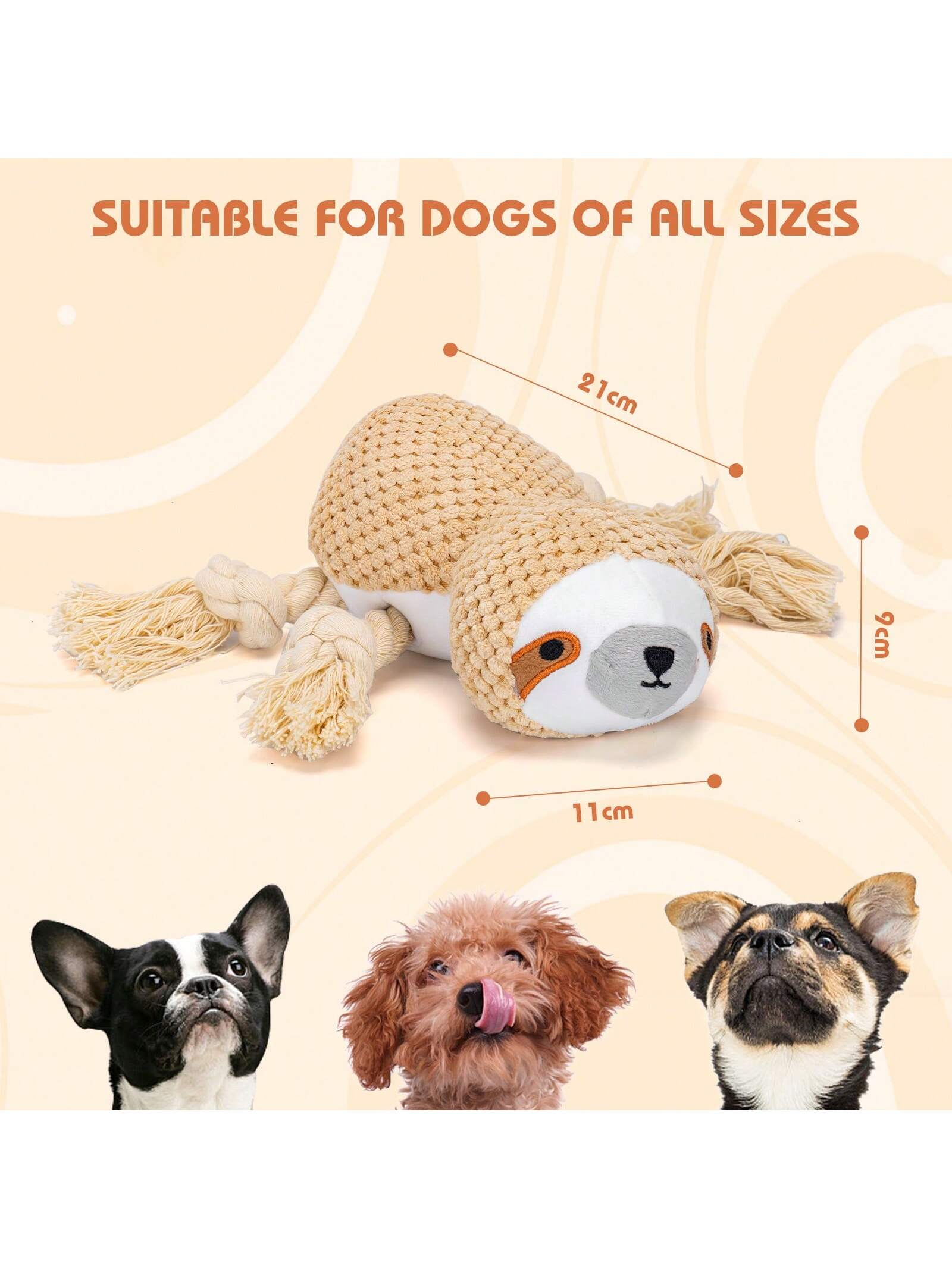 Un juguete para perros de perezoso color canela con dimensiones e imágenes de tres perros.