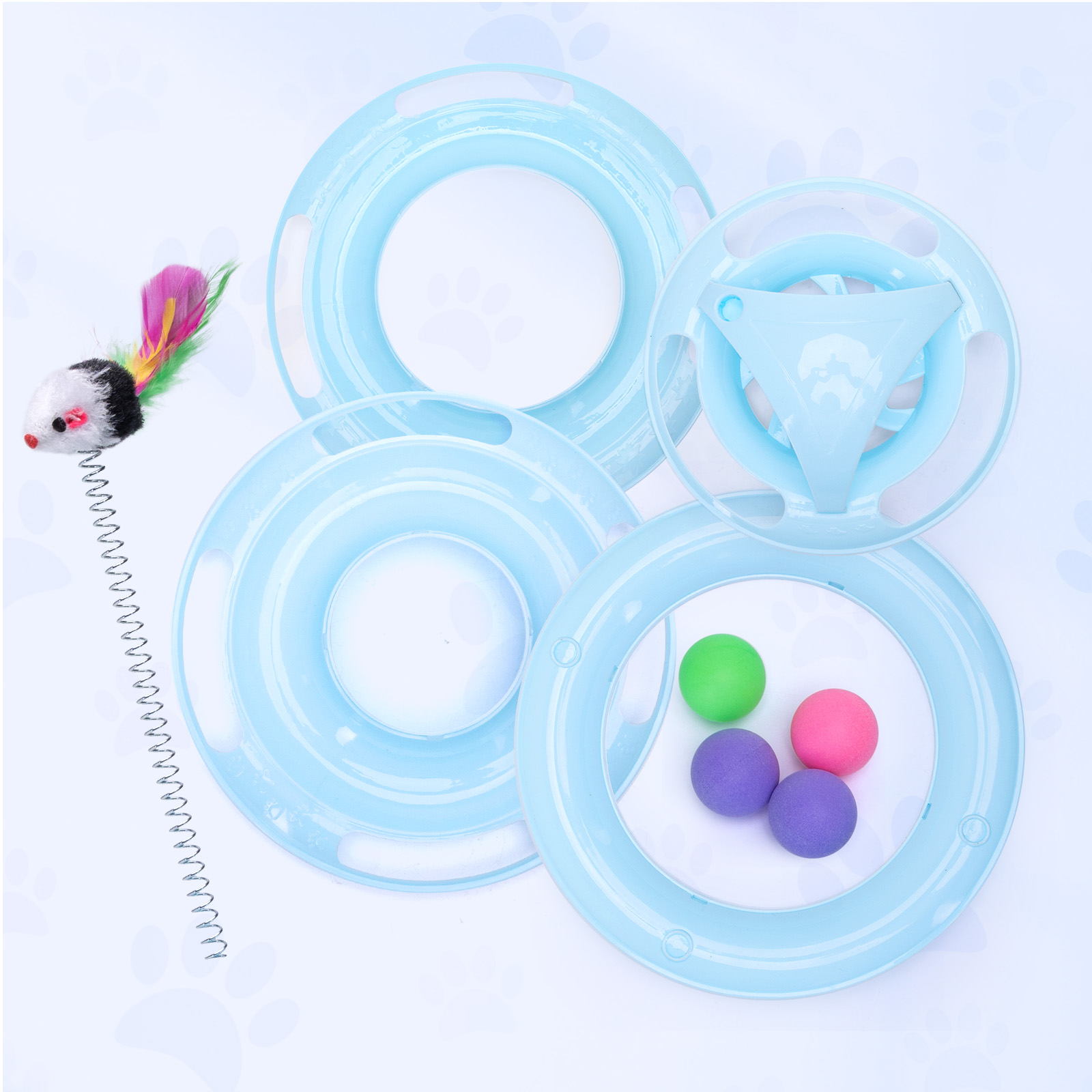 Juguete para gatos con anillos azul claro, bolas de colores y ratón de juguete con muelle.