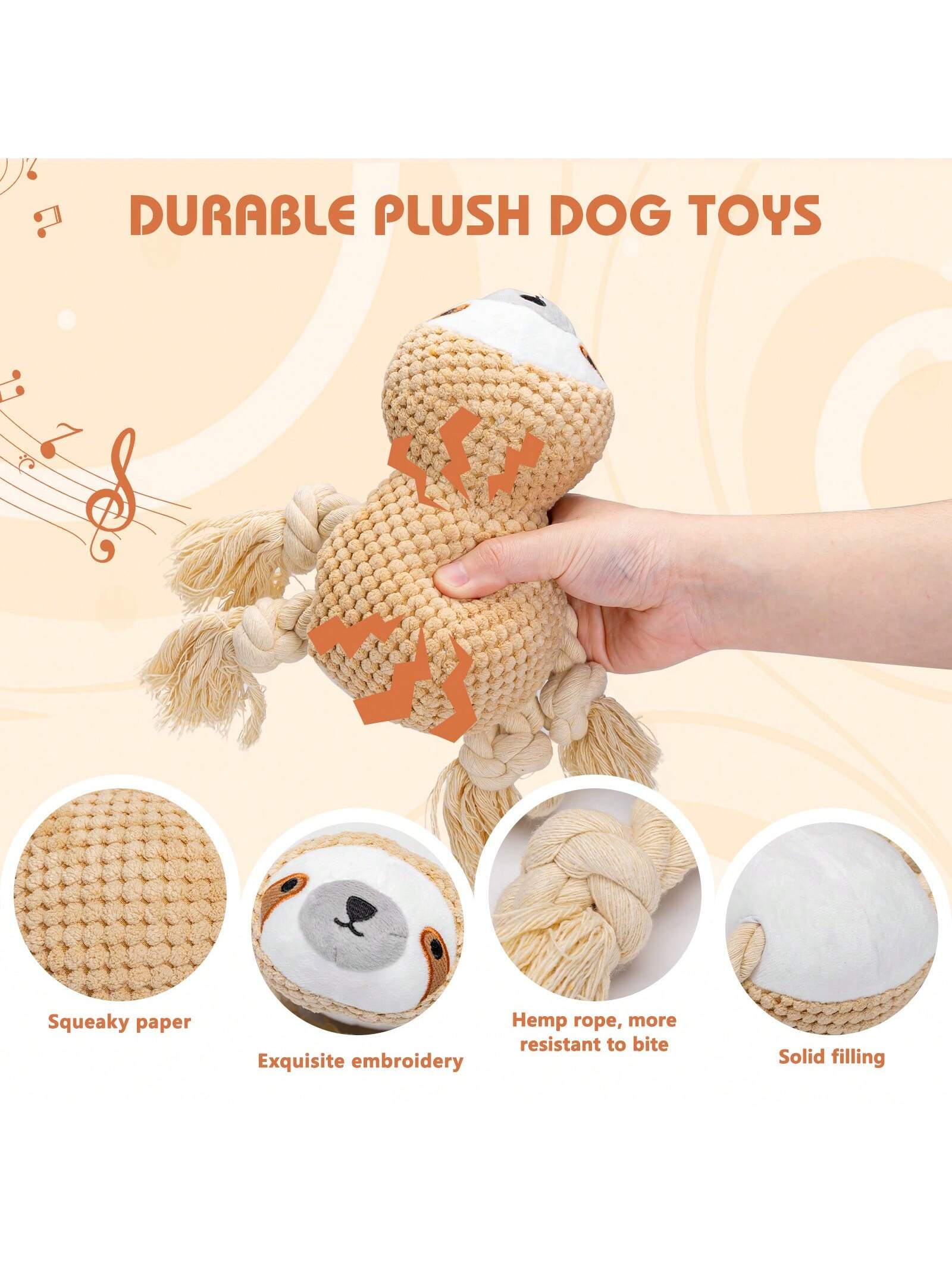 Un juguete de perro de peluche de perezoso con cuerdas y texto que describe sus características.