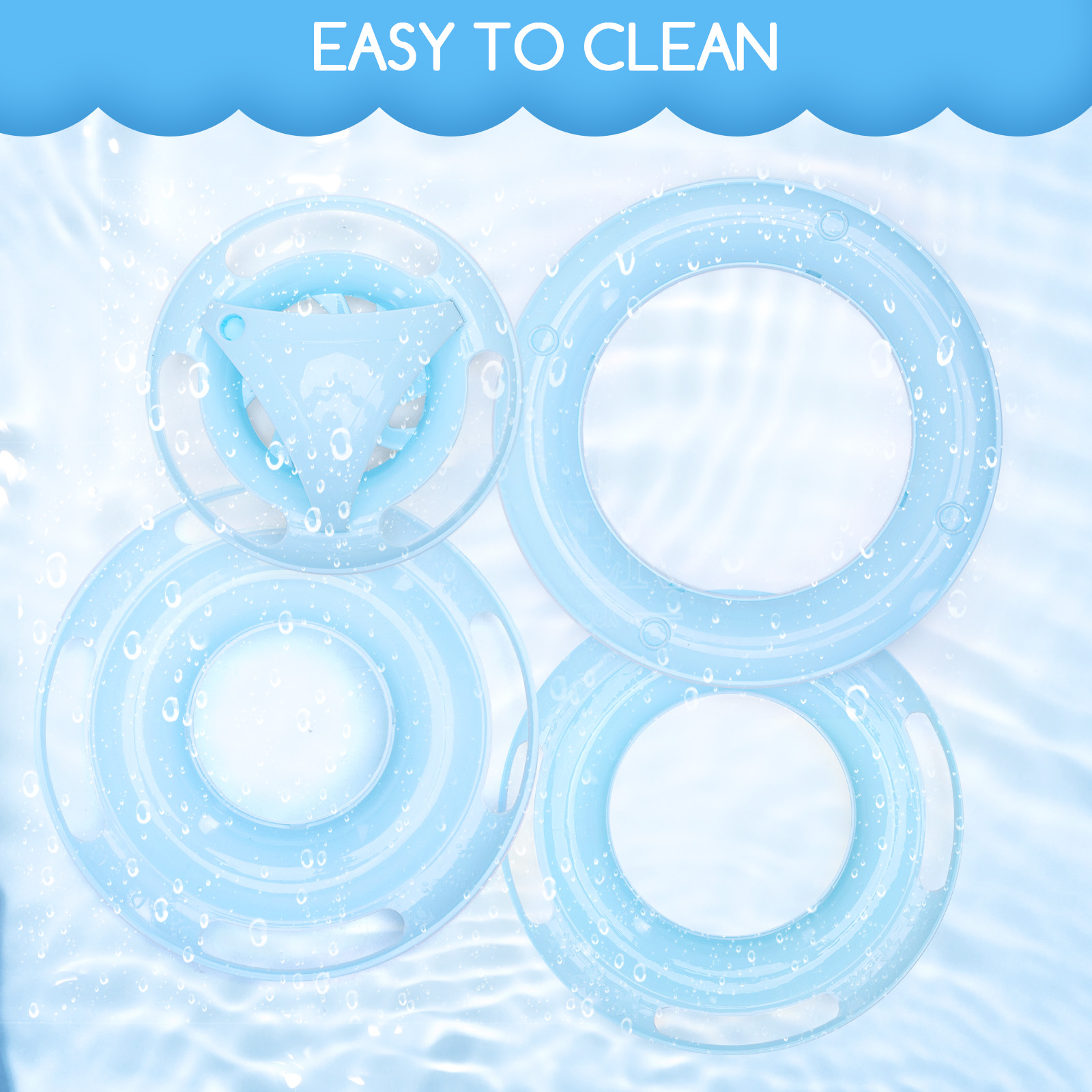 Cuatro anillos azul claro, semitransparentes en agua. Texto 'EASY TO CLEAN' arriba.