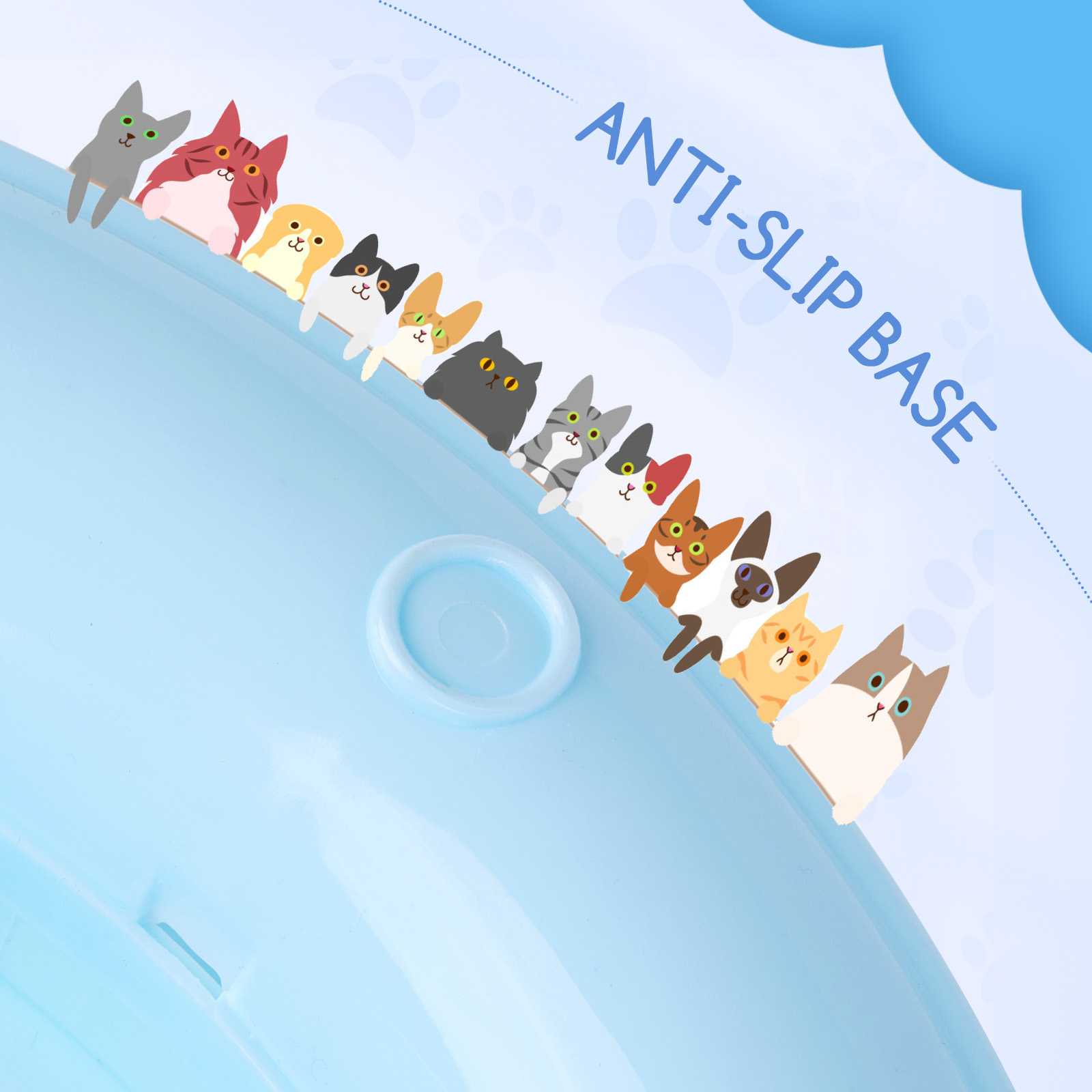 Plato de comida para mascotas azul con temática de gatos. Gatos dibujados en el lateral.