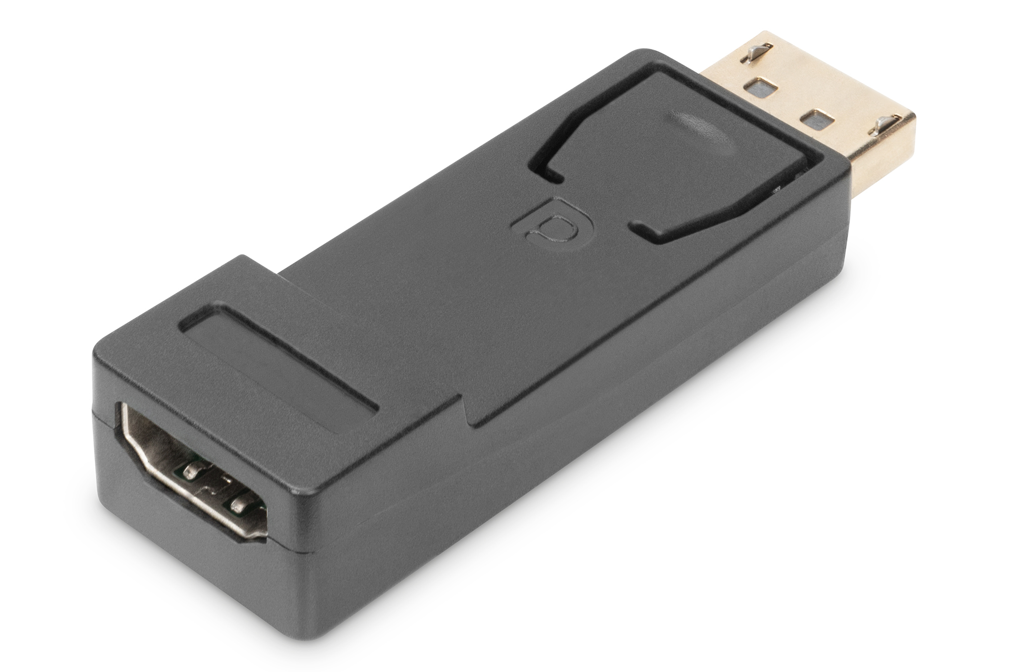 Czarny adapter DisplayPort do HDMI ze złotym złączem HDMI.