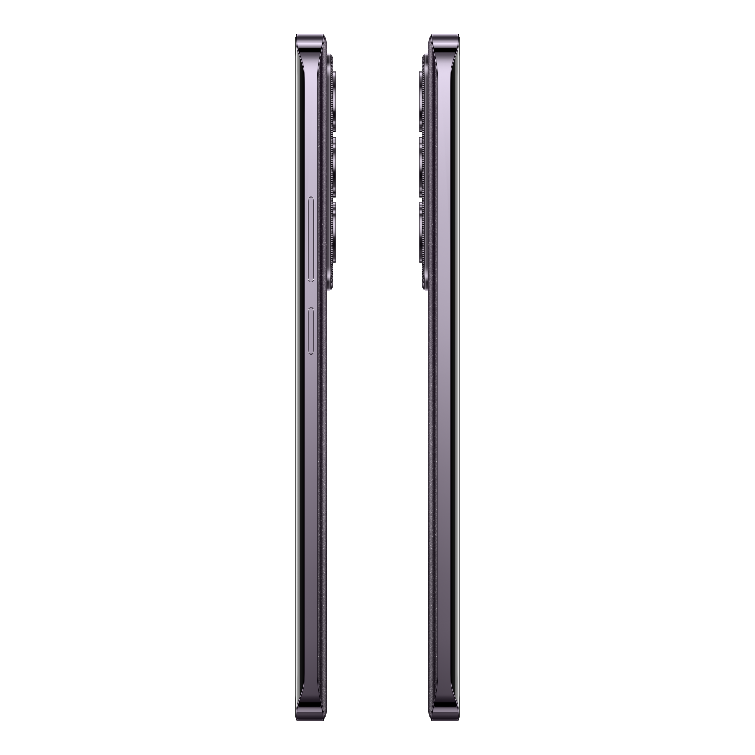 Dwa fioletowe smartfony obok siebie, na czarnym tle.