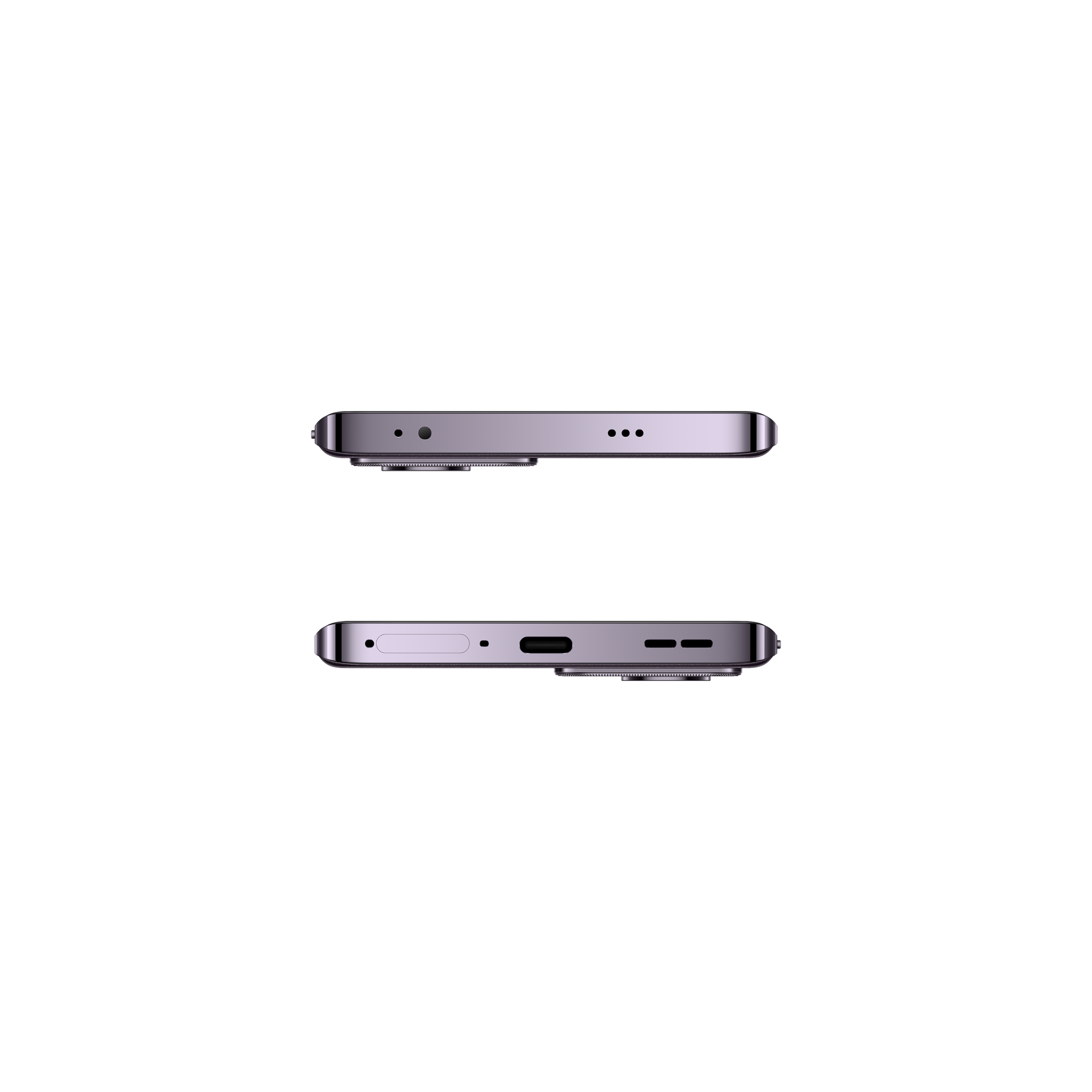 Dwa smartfony, widok z boku, czarne tło. U góry kropki, u dołu porty.