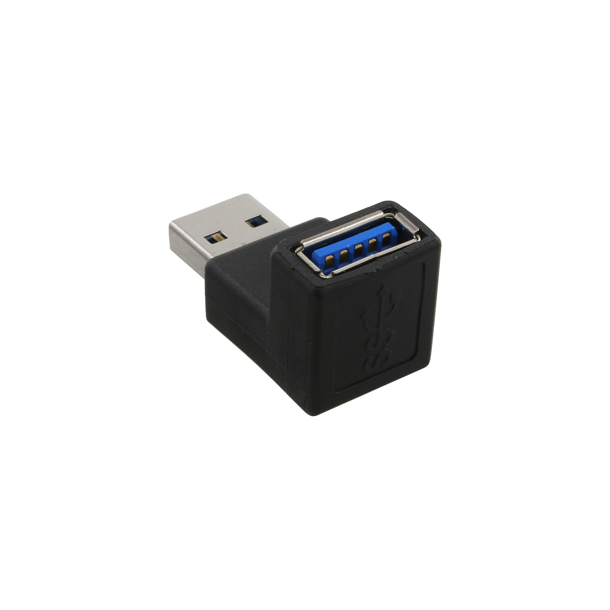 Schwarzer USB-Adapter mit blauem Stecker. Der Adapter ist abgewinkelt.