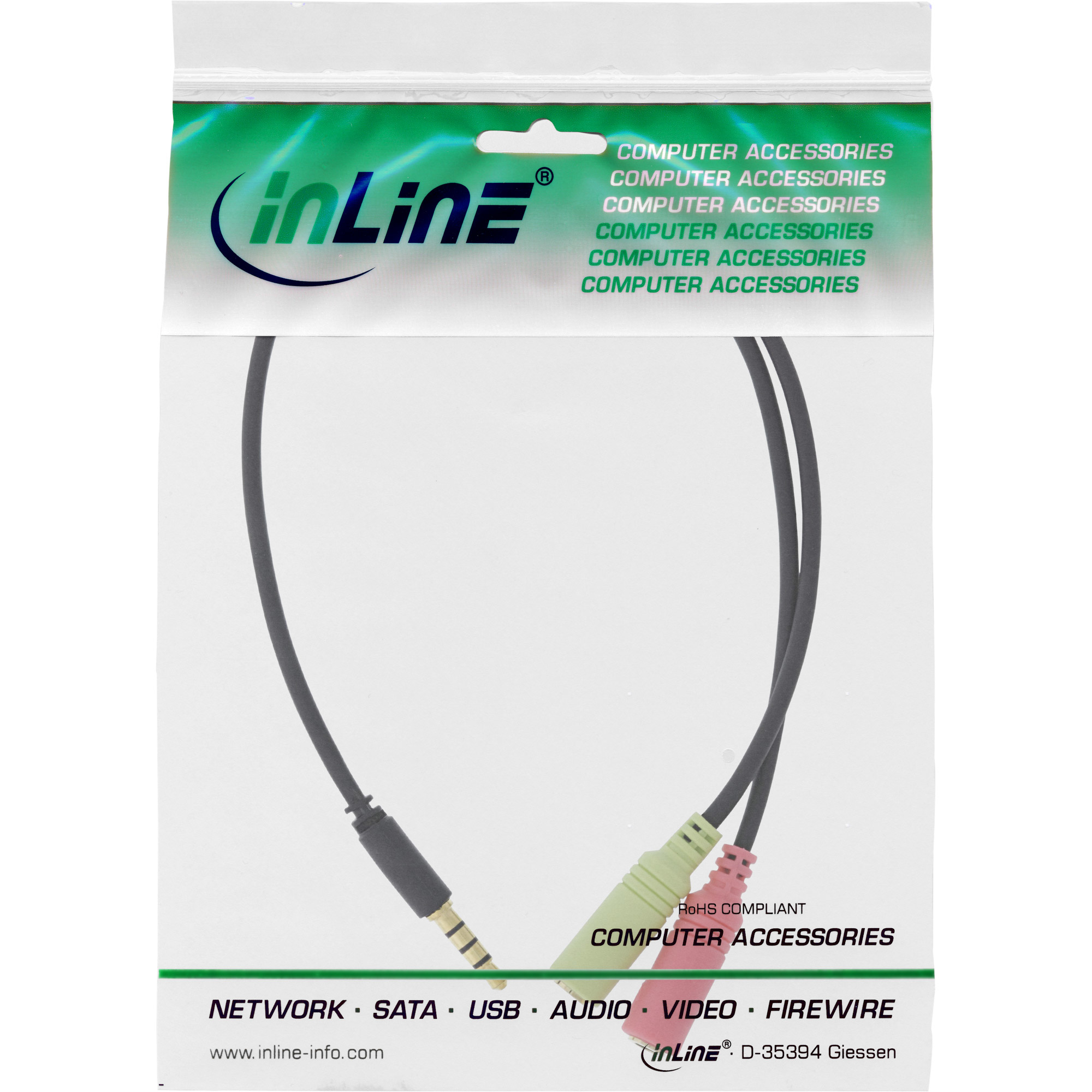 Klare Plastikverpackung mit zwei Audiokabeln. Grüne, rosa und schwarze Stecker. Weißer Hintergrund.