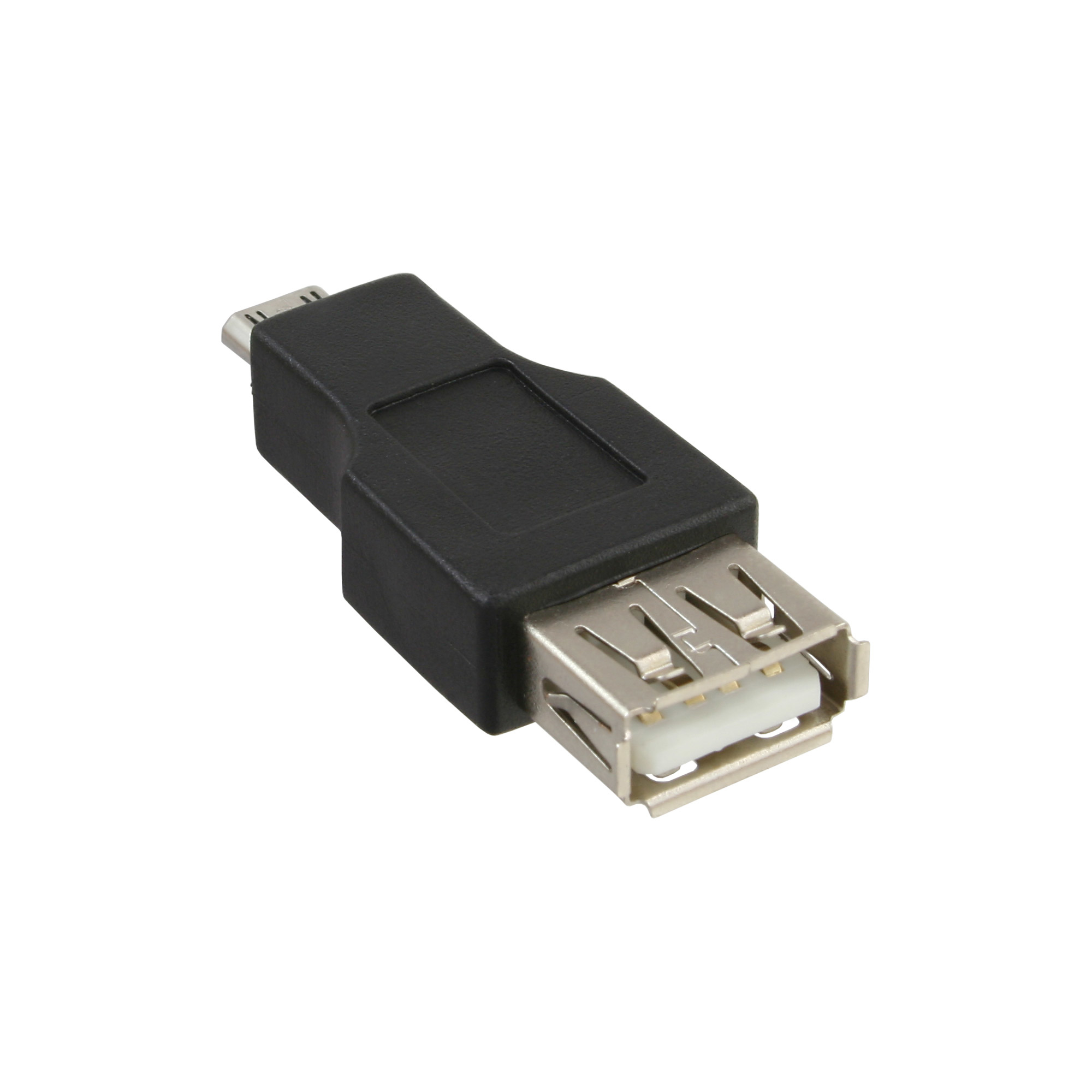 Ein schwarzer USB-Adapter. Er hat einen USB-Anschluss und einen Micro-USB-Anschluss. Er liegt vor weißem Hintergrund.