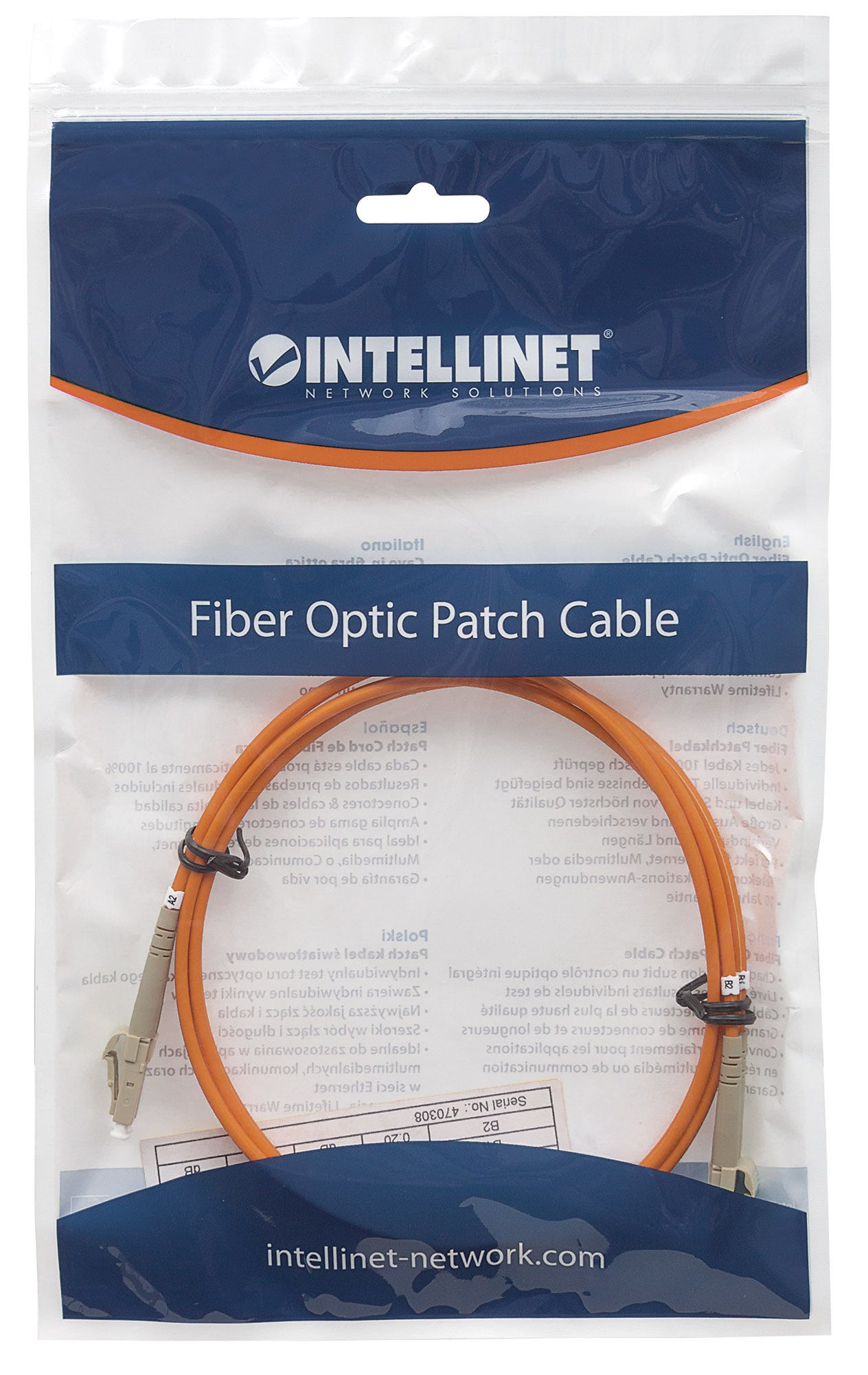 Un cavo in fibra ottica arancione in un sacchetto di plastica trasparente. Il sacchetto ha del testo.