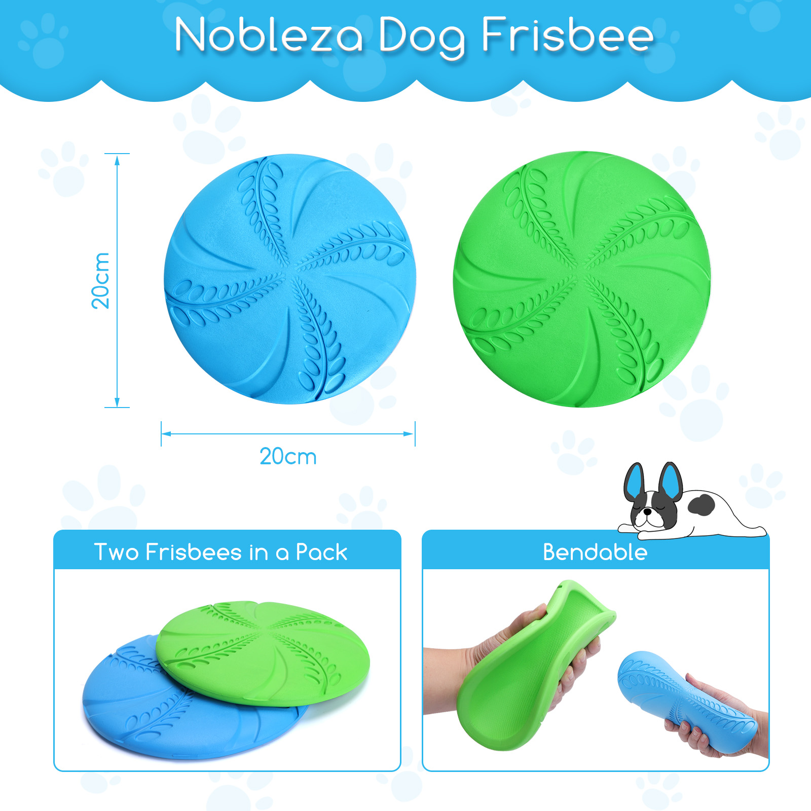Frisbees para perros azules y verdes. La imagen muestra dimensiones y características.