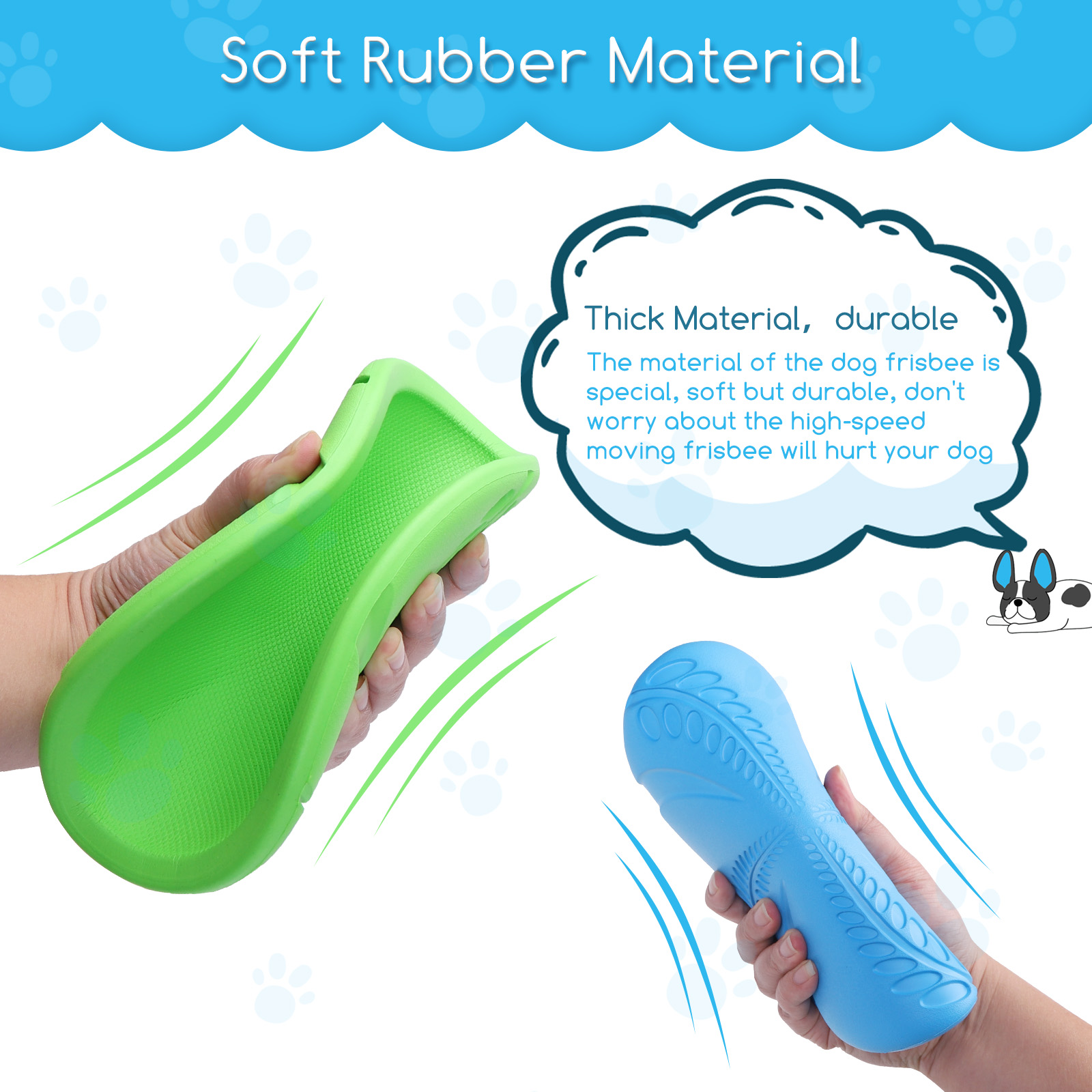 Manos sosteniendo frisbees para perros, verde y azul. Texto dice que el material es duradero.