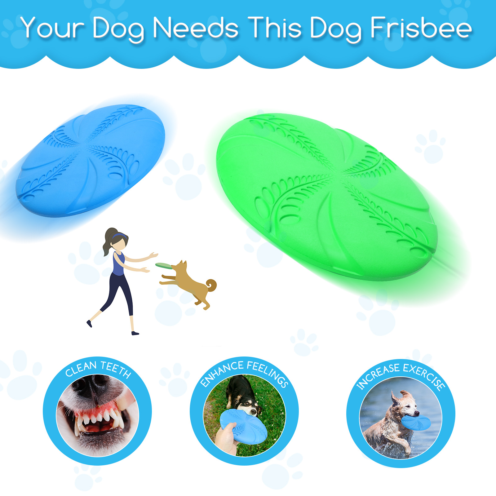 Dos frisbees para perros, azul y verde, con iconos de beneficios: dientes limpios, mejorar sentimientos, ejercicio.