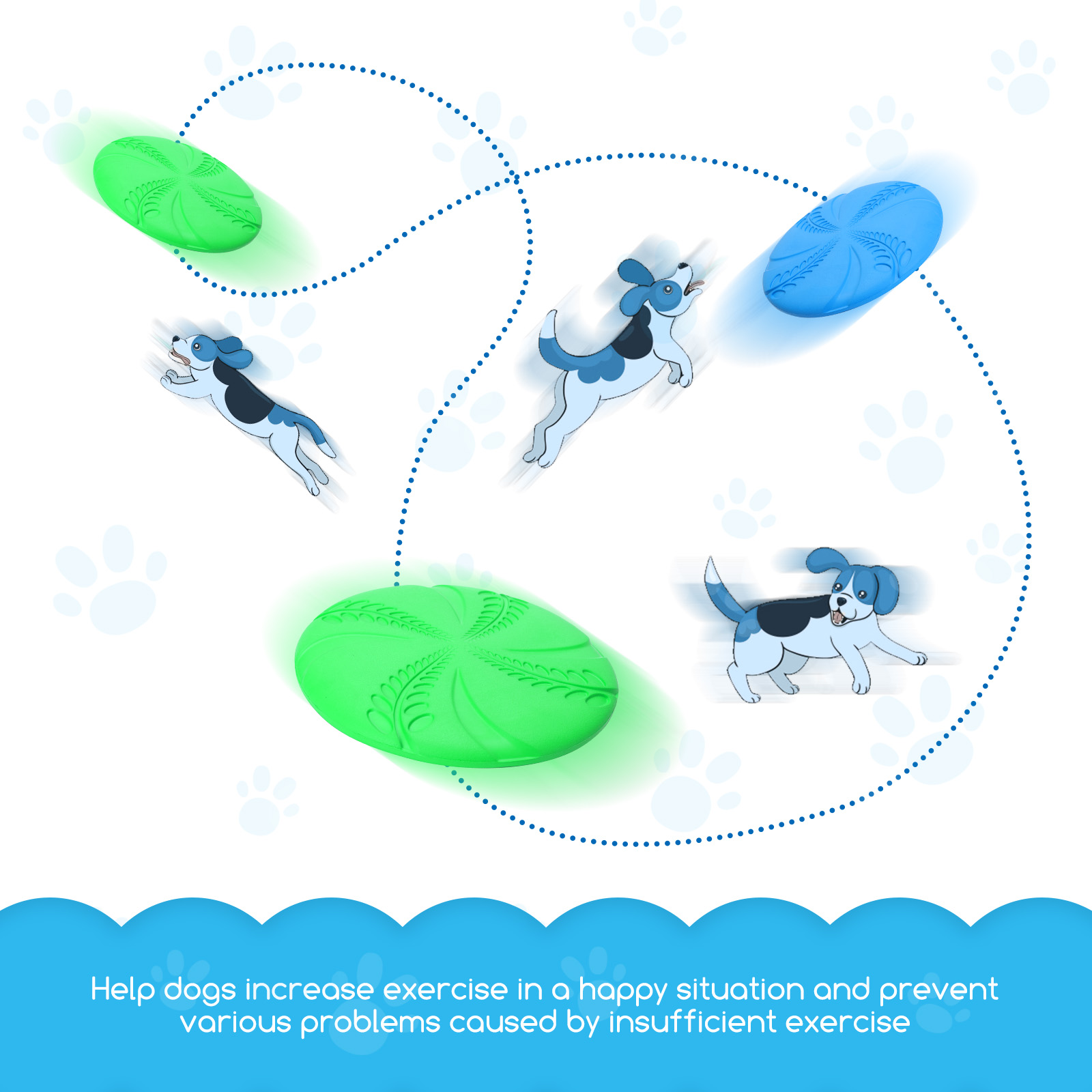 Una escena lúdica con perros persiguiendo frisbees verdes y azules, promoviendo el ejercicio de una manera divertida y activa.