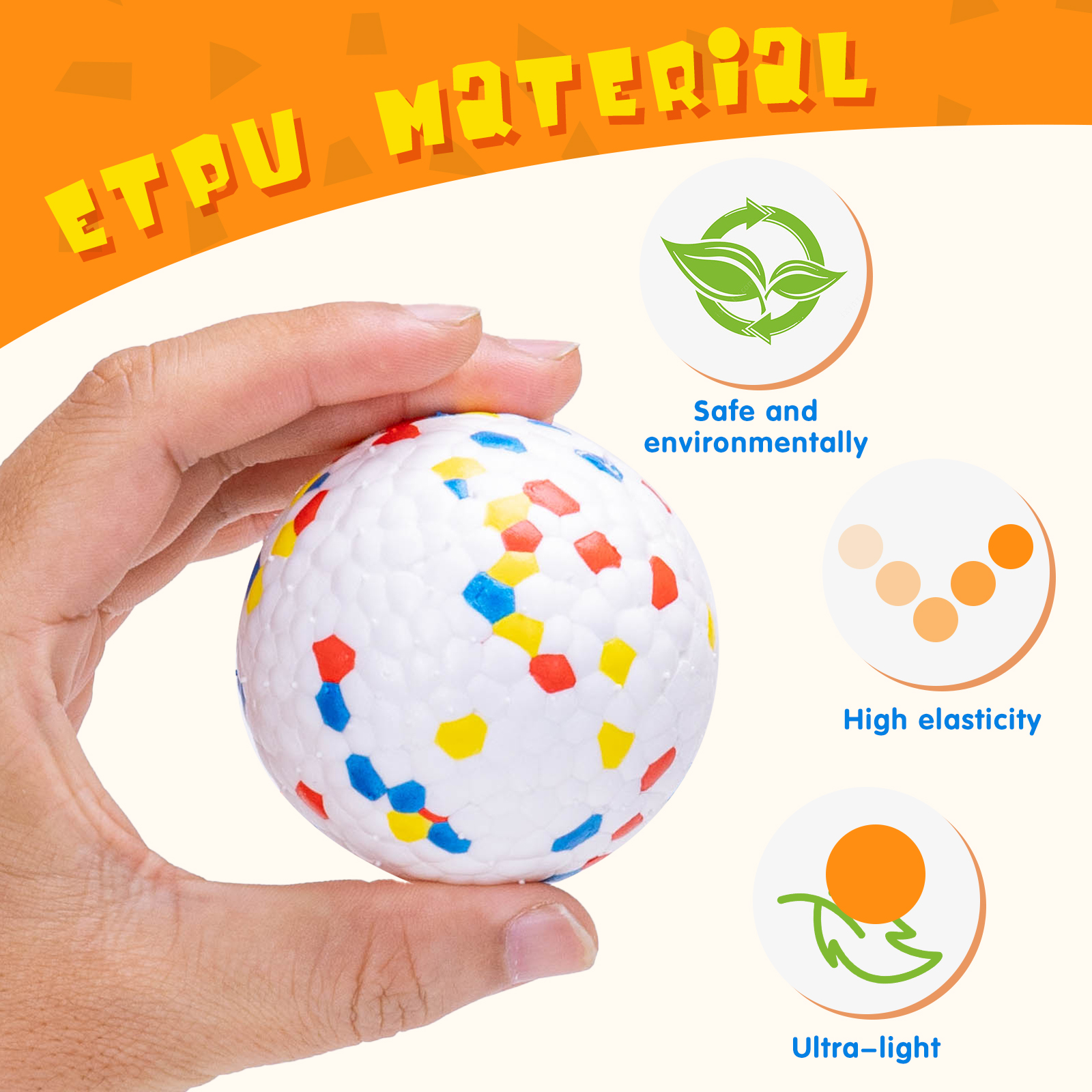 Una bola blanca con puntos coloridos sostenida en la mano, con gráficos sobre seguridad y elasticidad.