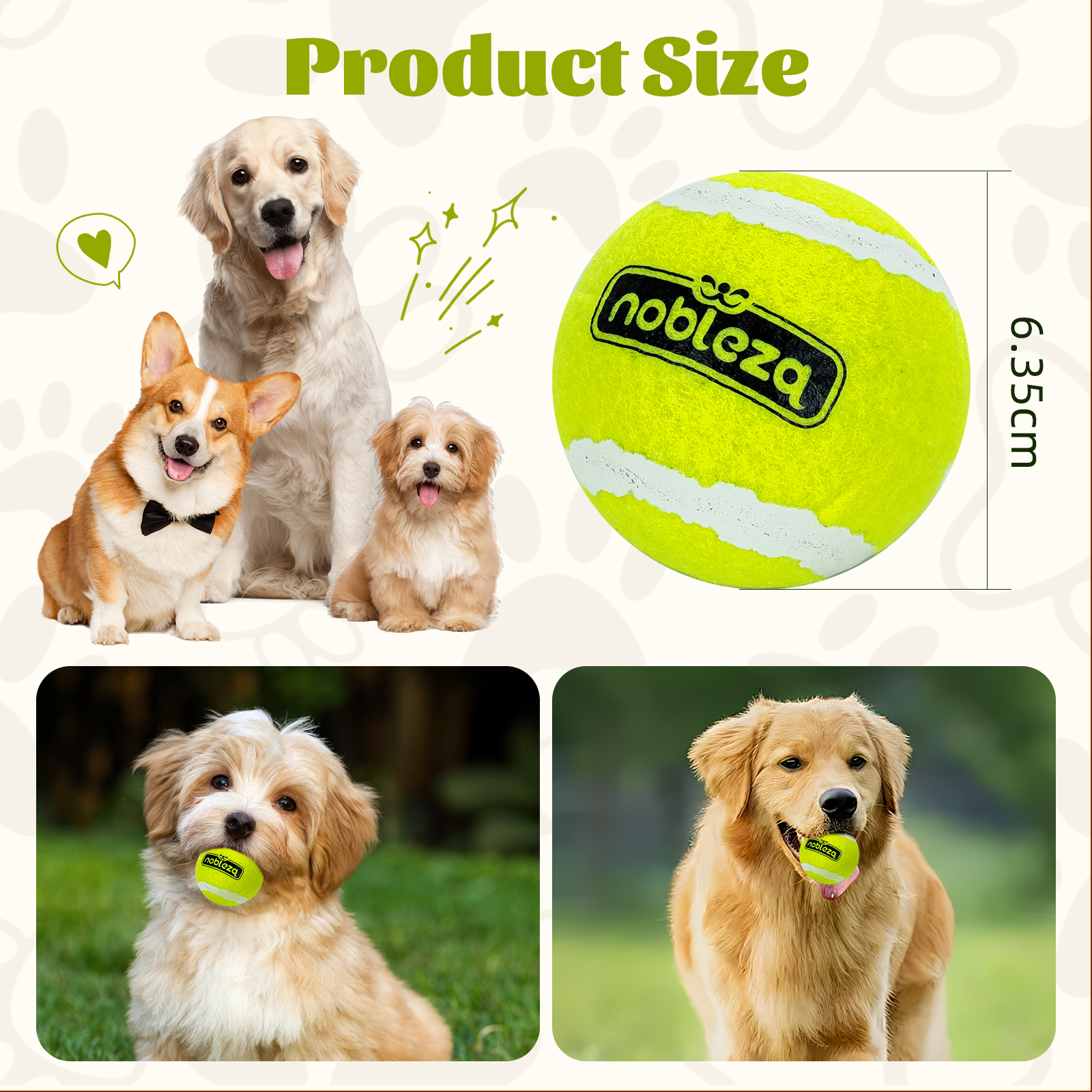 Múltiples fotos de perros y una pelota de tenis. Se muestran perros de diferentes razas en las fotos.