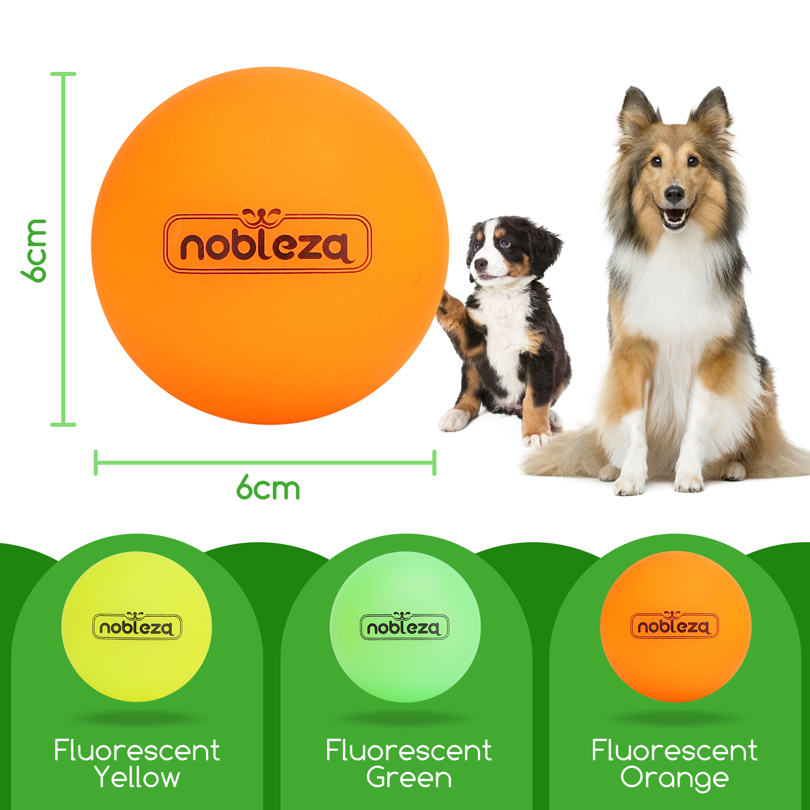 Juguete para perros naranja, dos perros y tres bolas fluorescentes. Dimensiones 6cm cada uno.