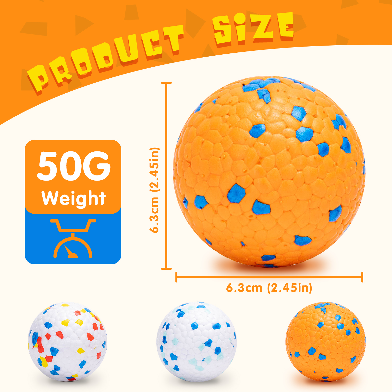 Una bola naranja con puntos azules, junto a tres bolas más pequeñas, detalles del tamaño del producto.