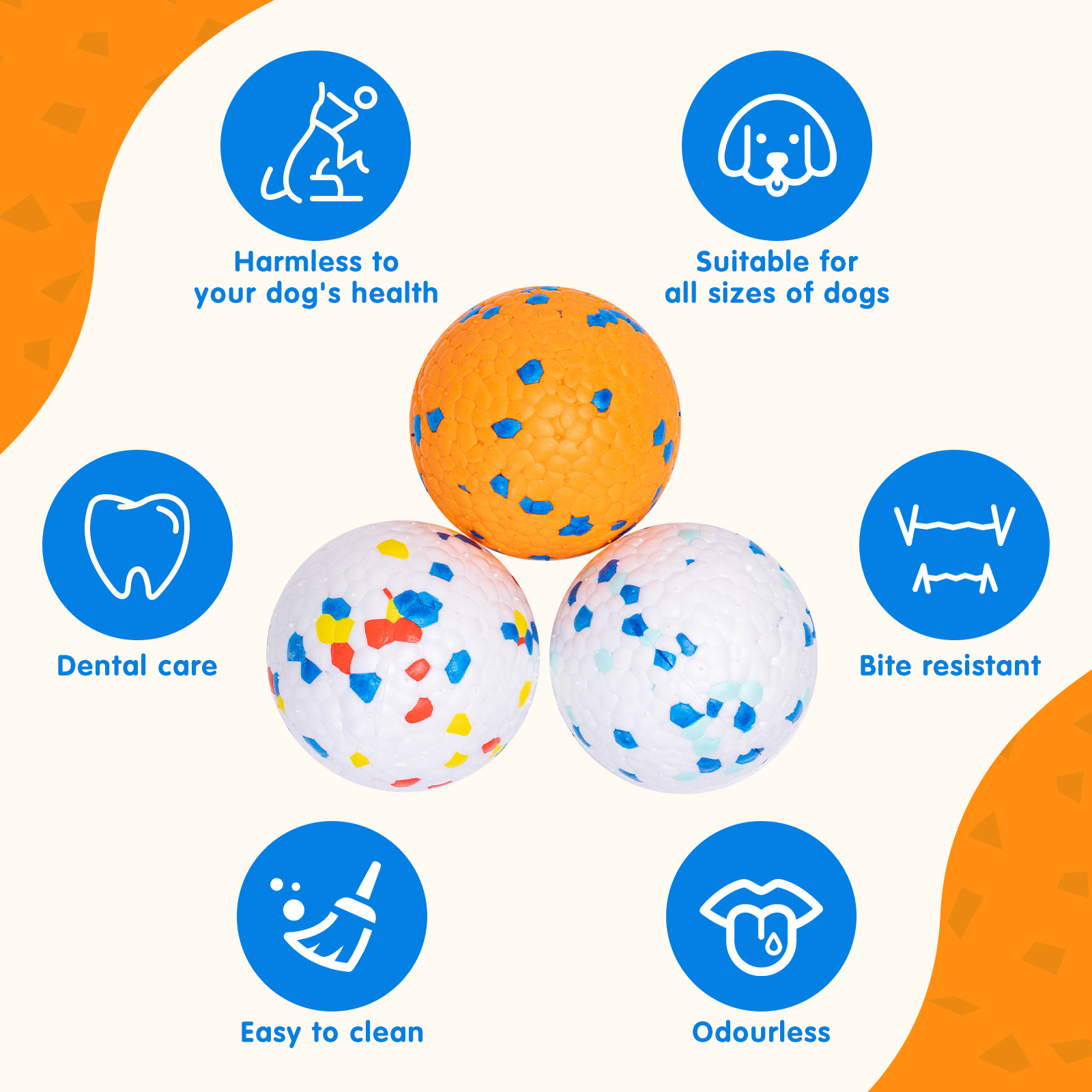Tres pelotas para perros: naranja, blanca con manchas de colores, blanca con manchas azules. Los iconos muestran los beneficios.