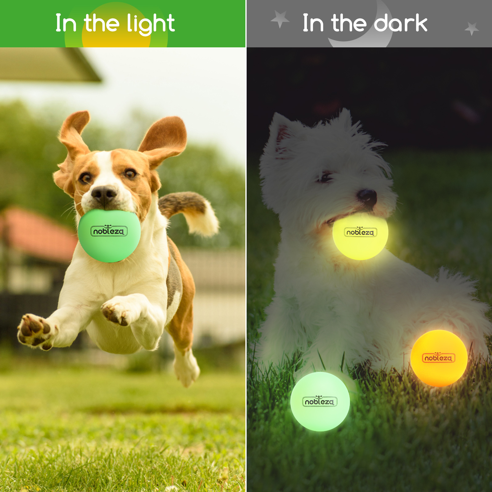 Perro con pelota verde brillante de día y perro blanco con pelota amarilla brillante de noche.