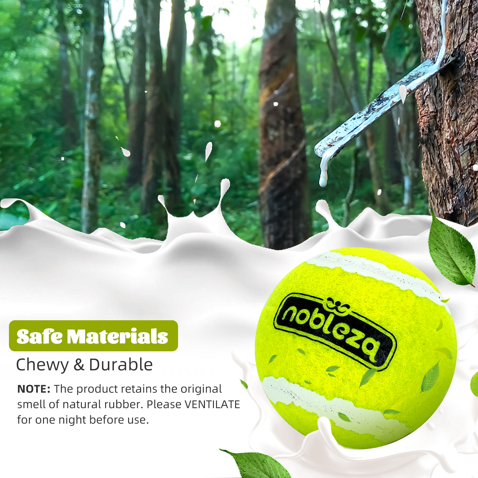 Pelota de tenis en un chapoteo de leche. Líquido blanco con hojas verdes y texto visible.