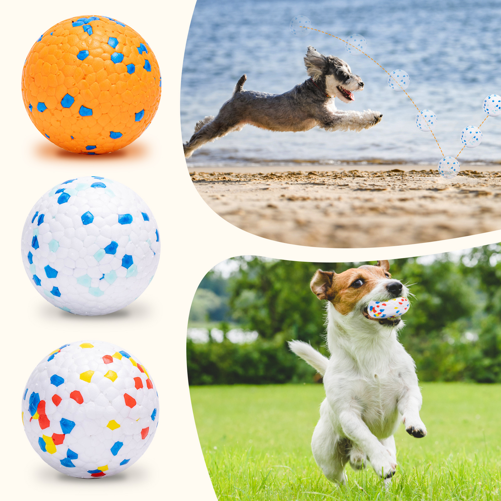Tres bolas de colores y dos perros jugando. Un perro salta y el otro corre.