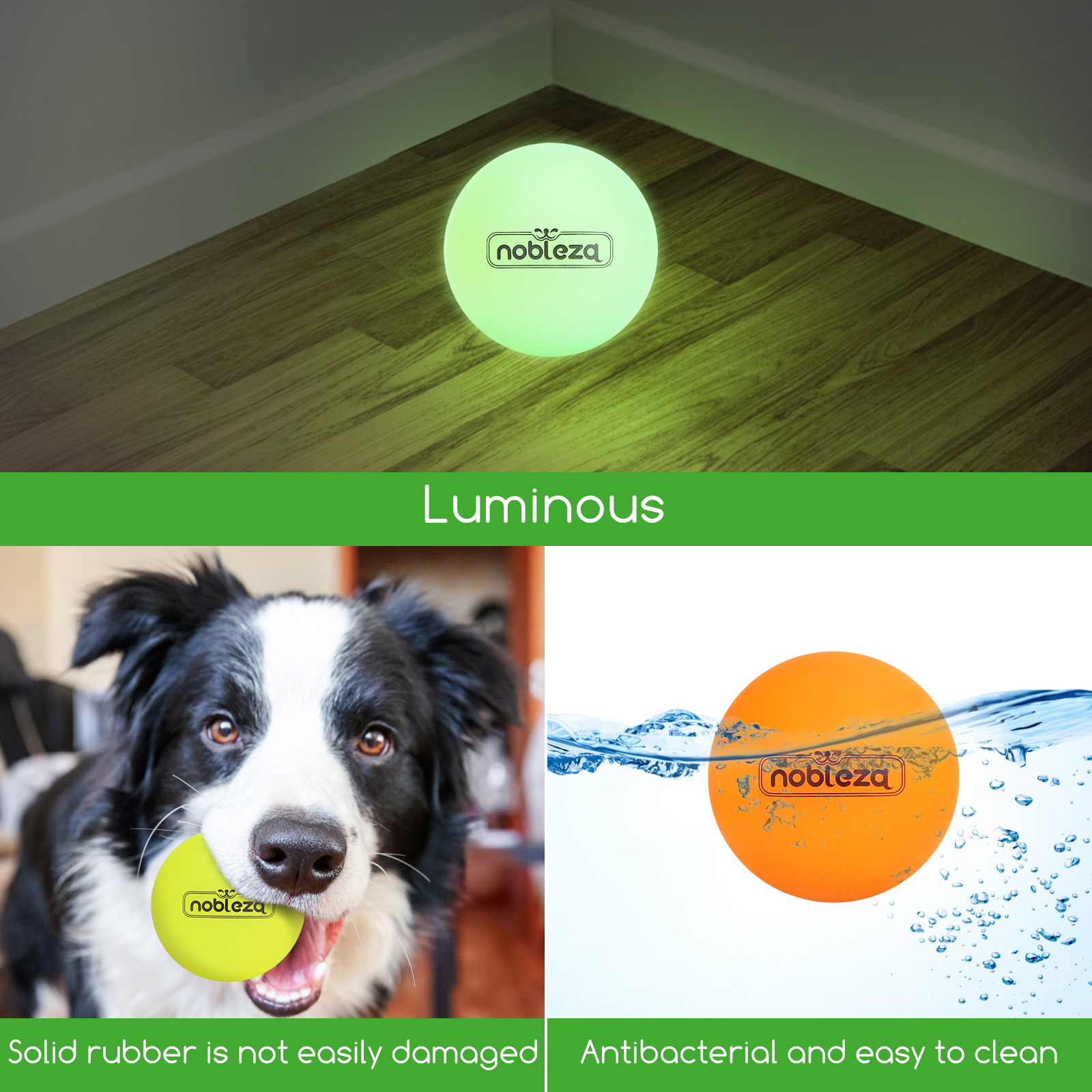 Una bola verde luminosa en una esquina, una naranja en agua, y un perro con una bola.