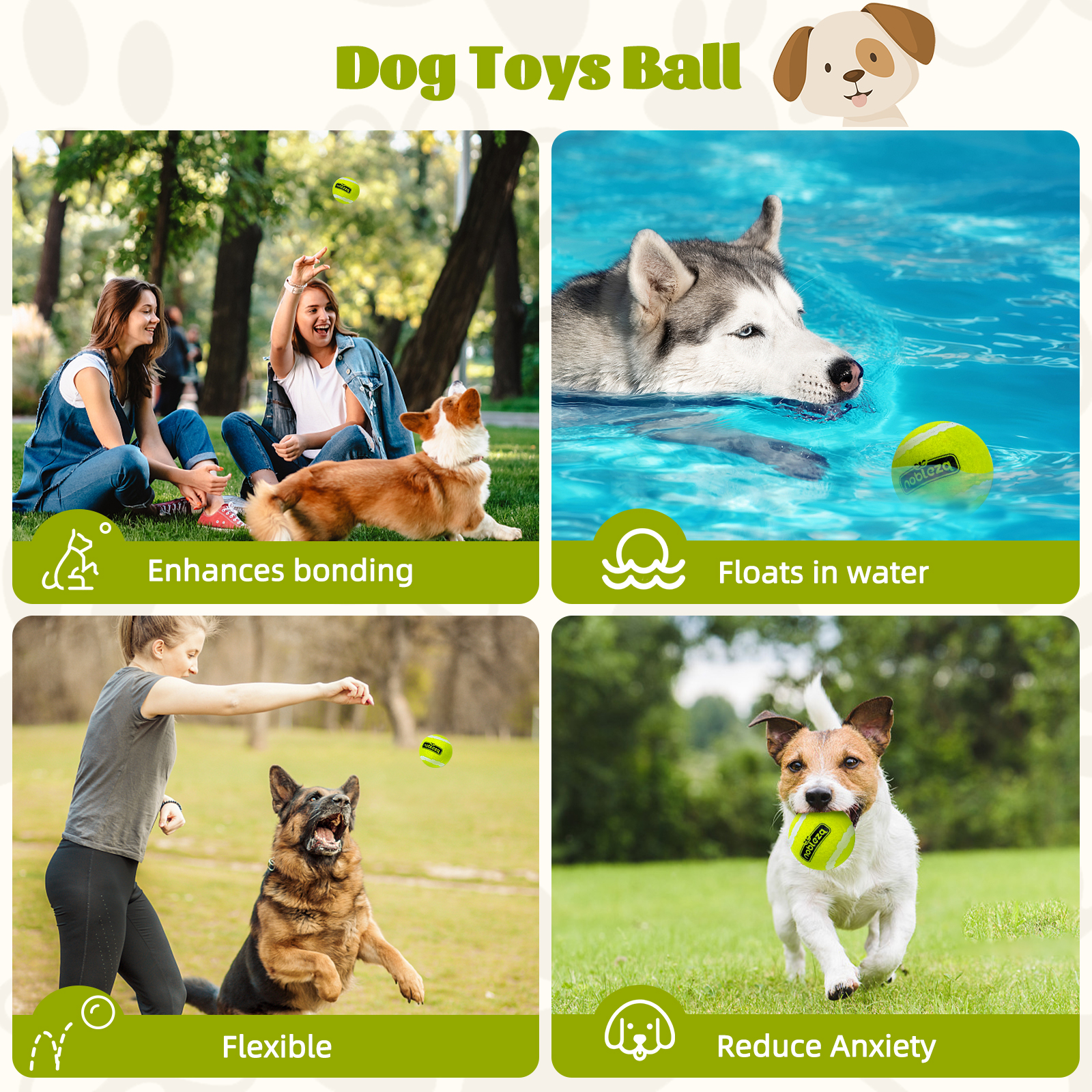 Cuatro imágenes con perros jugando con pelotas en diferentes entornos: agua, parque y una persona.