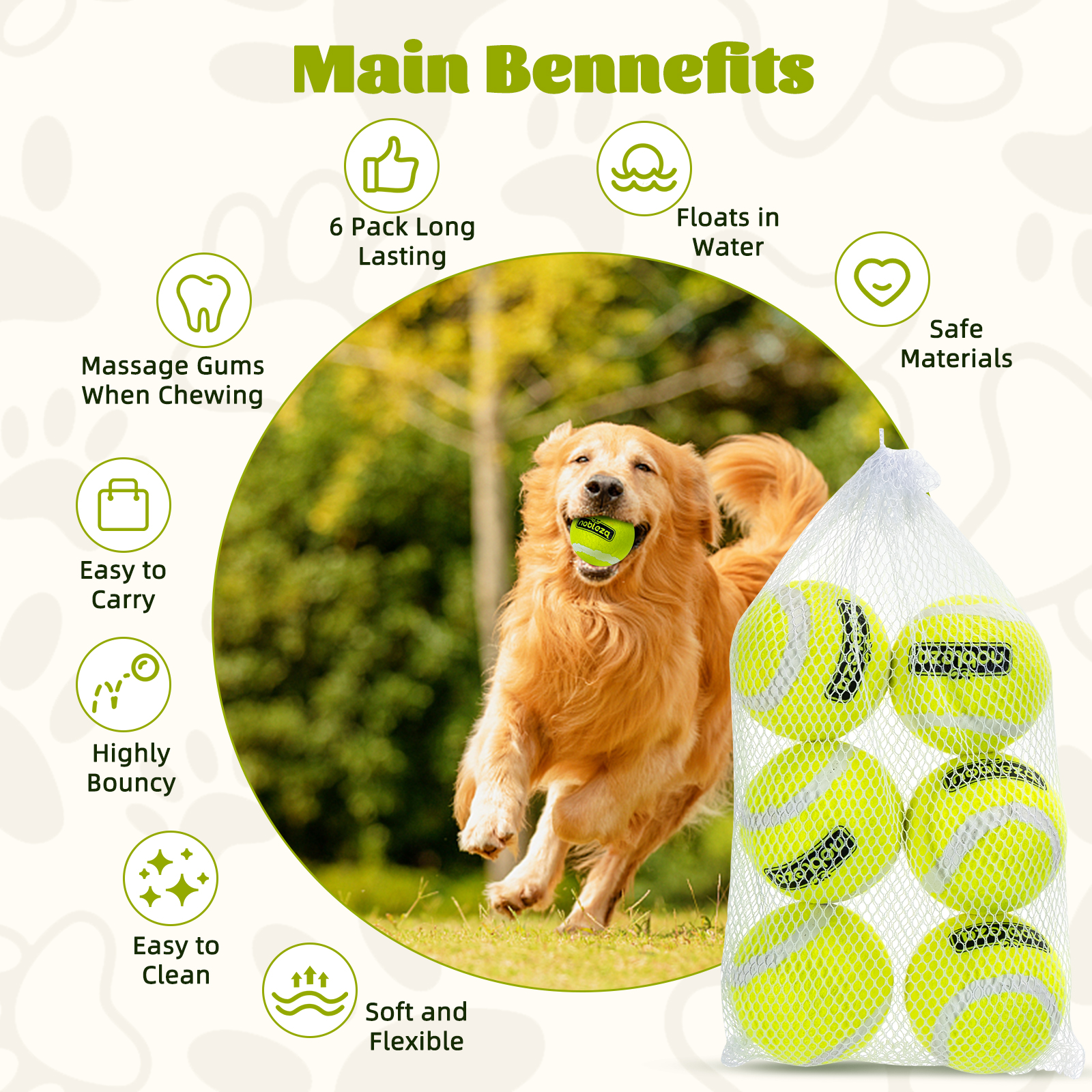 Imagen que muestra pelotas para perros. Incluye texto sobre beneficios como materiales seguros y fácil limpieza.