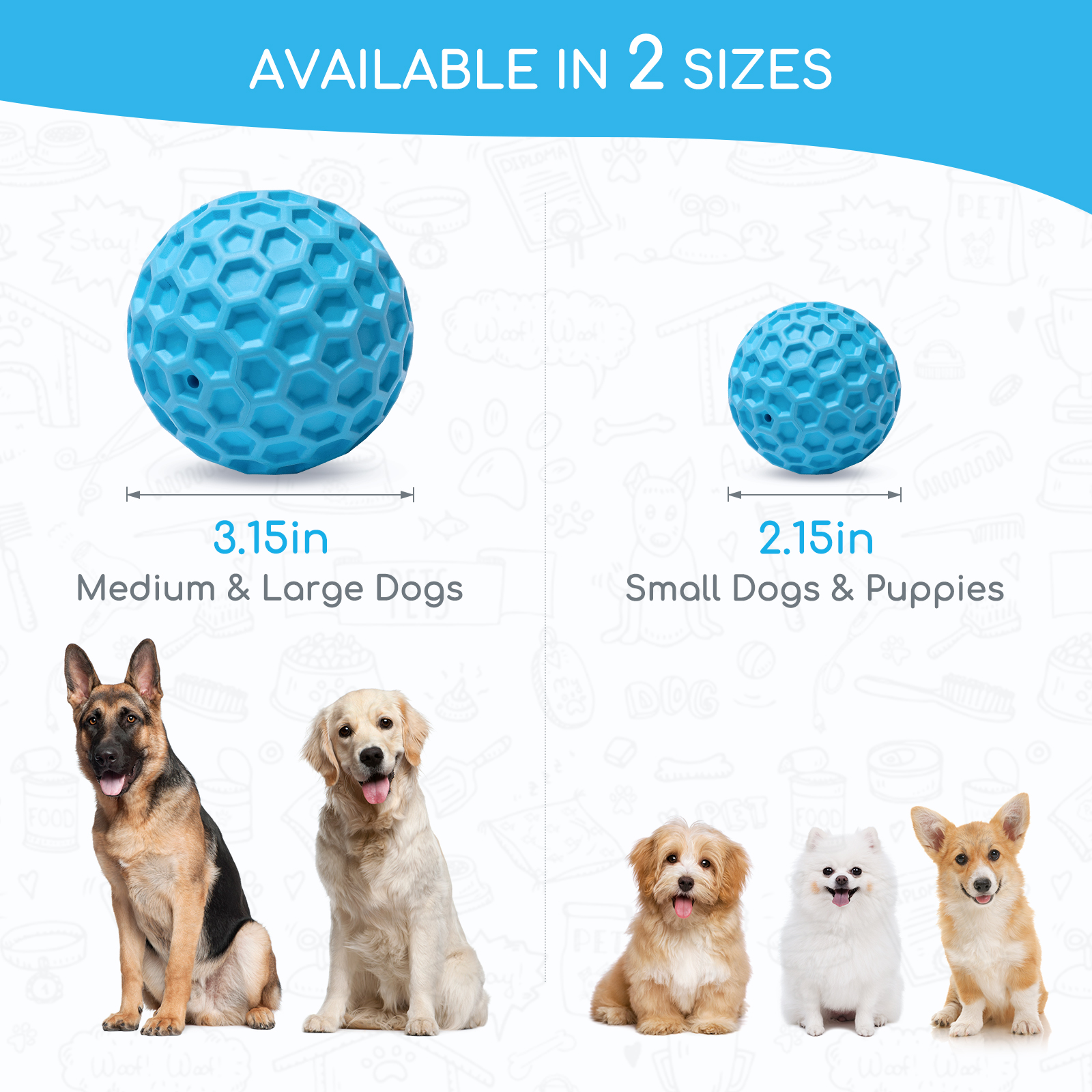 Juego de juguetes para perros con dos bolas azules texturizadas y cuatro perros de diferentes razas.
