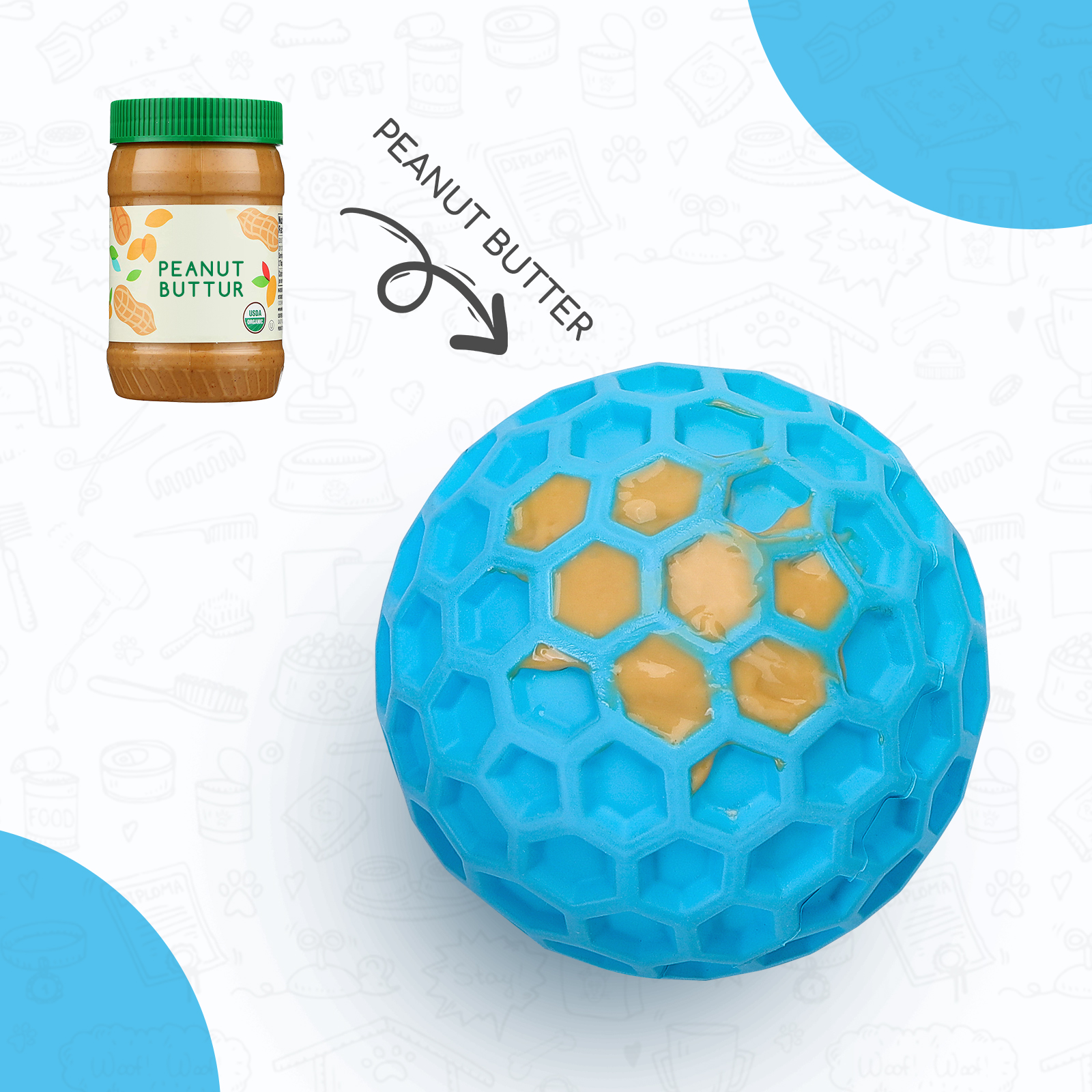 Una bola azul con mantequilla de maní dentro, junto a un tarro de mantequilla de maní.