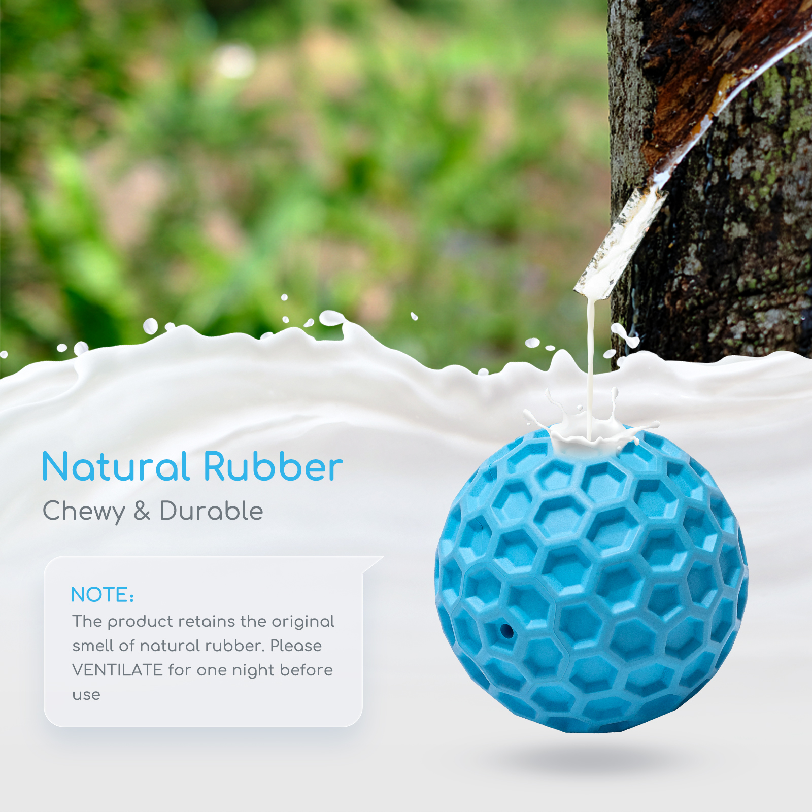 Pelota azul con superficie texturizada. Salpicaduras de líquido blanco alrededor. Texto: Caucho natural, duradero.