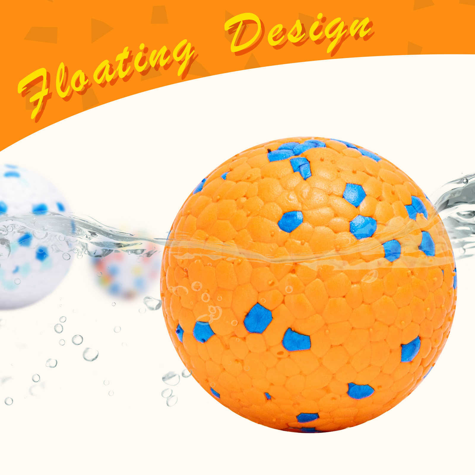 Una bola flotante naranja y azul en el agua. La bola tiene una superficie texturizada con puntos azules.