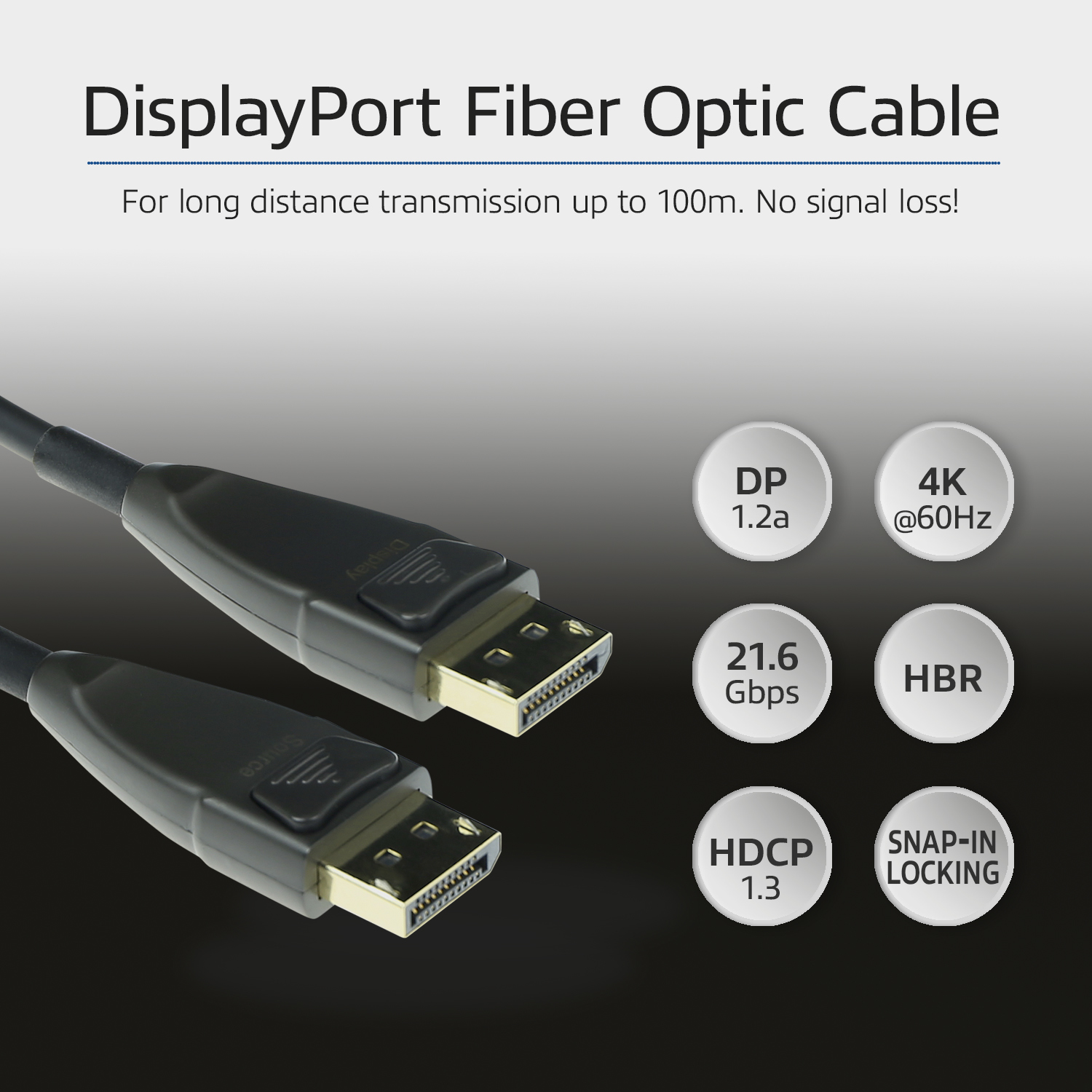 Schwarzes DisplayPort-Glasfaserkabel. Es hat Anschlüsse und Text mit Details zu Funktionen und Spezifikationen.