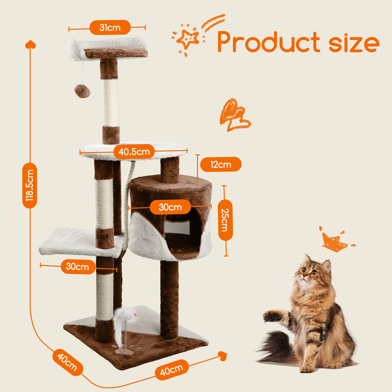 Árbol para gatos con dimensiones y un gato. Colores marrón y beige.