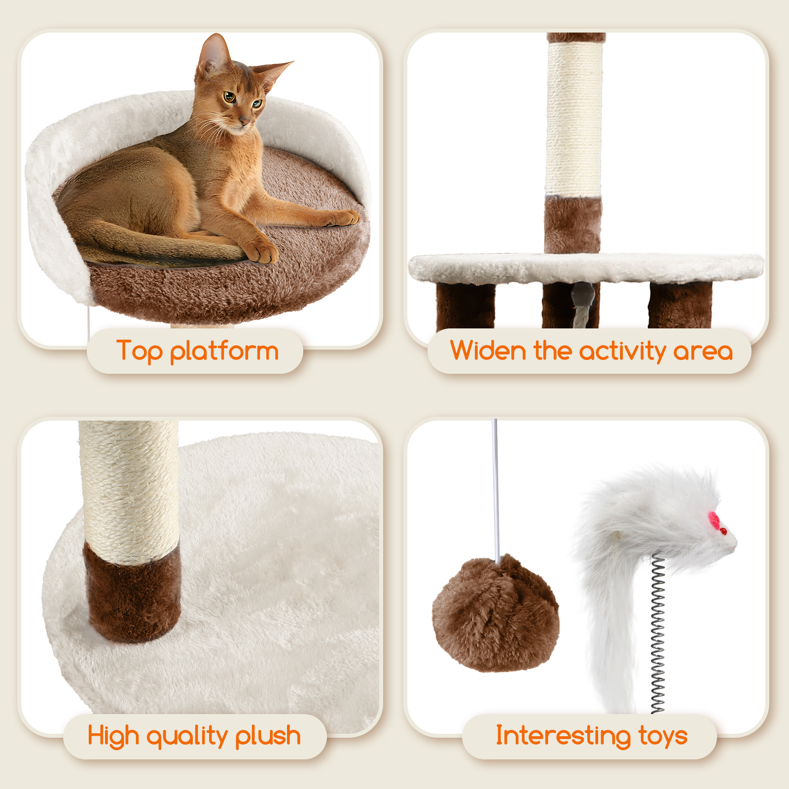 Cama para gatos con gato. Partes del árbol para gatos con etiquetas de texto: plataforma, zona de actividad, felpa, juguetes.