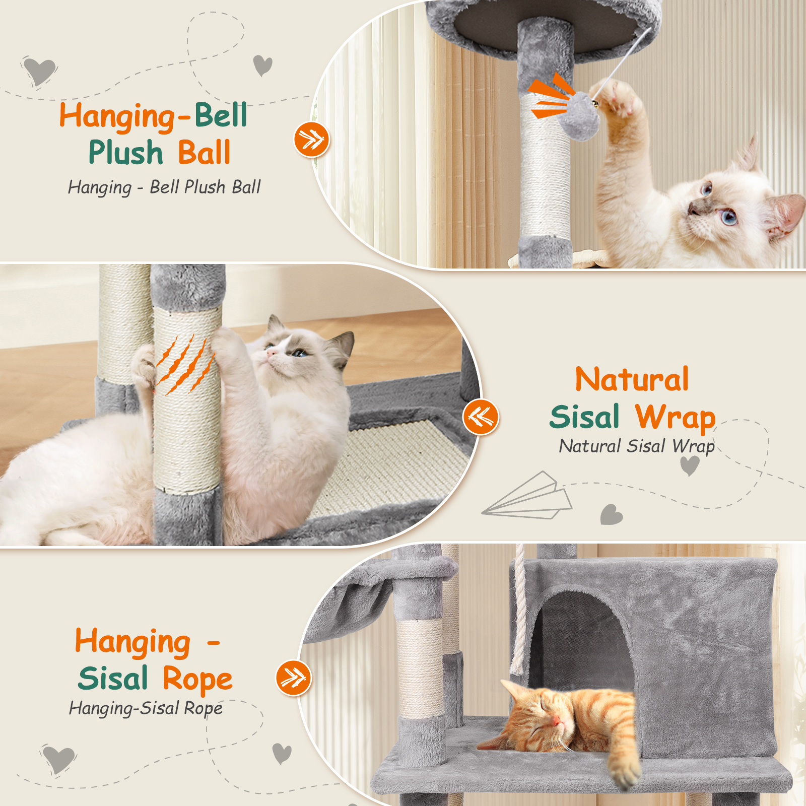 Árbol para gatos con bola de felpa, rascador y cuerda de sisal. Hay dos gatos.