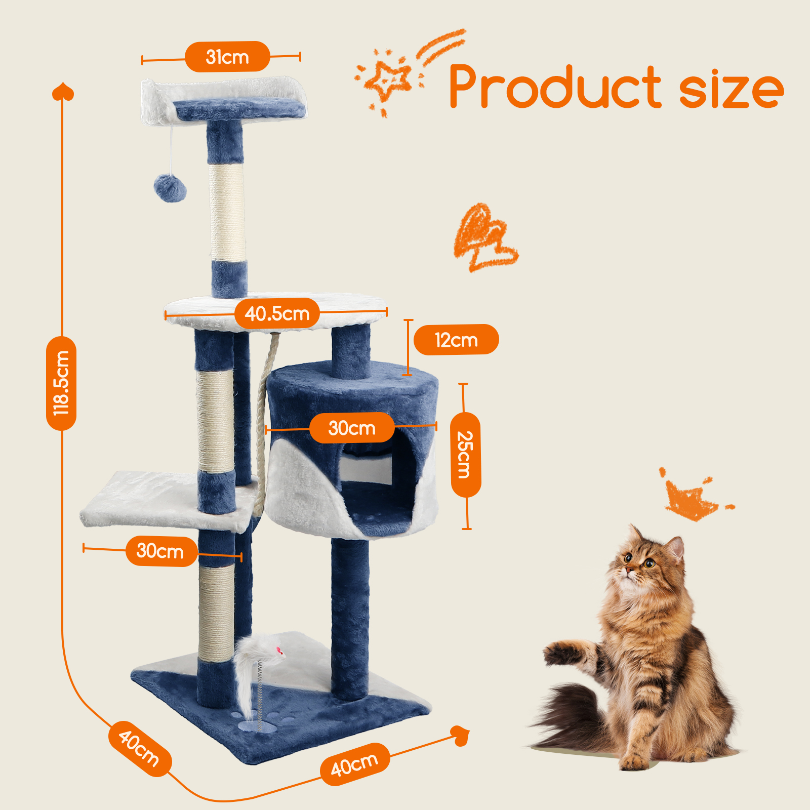 Árbol para gatos con dimensiones. Base, plataformas, casita y poste rascador.