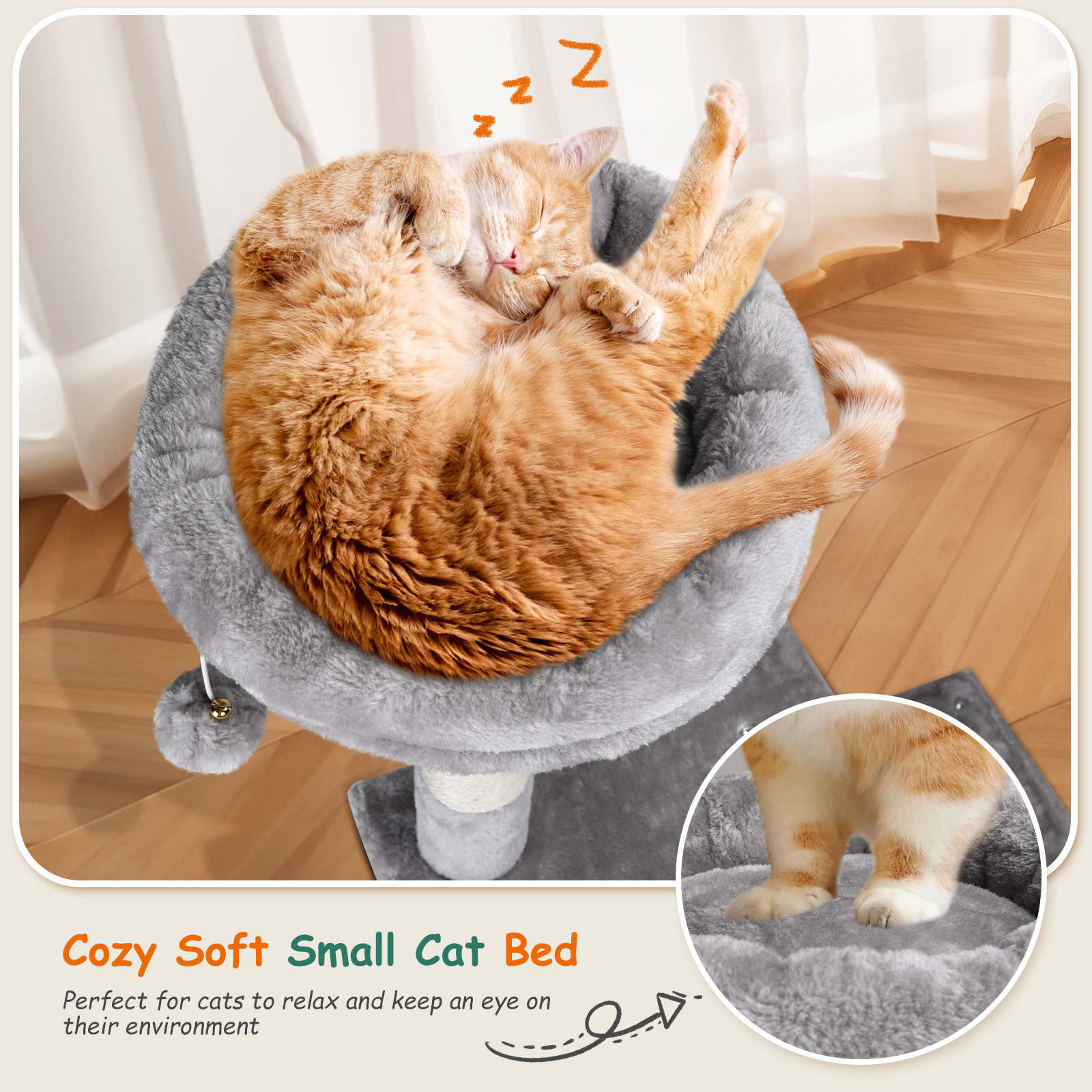 Un gato naranja durmiendo plácidamente en una cama gris para gatos, con una textura suave y esponjosa.
