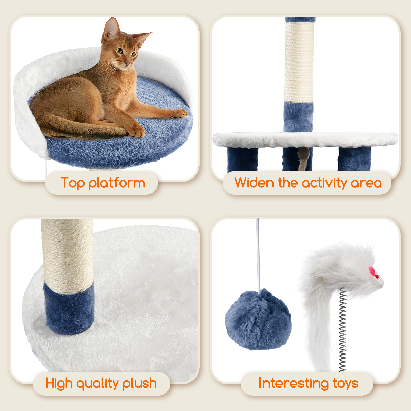 Árbol para gatos con plataforma superior, rascador y juguetes colgantes, blanco y azul.